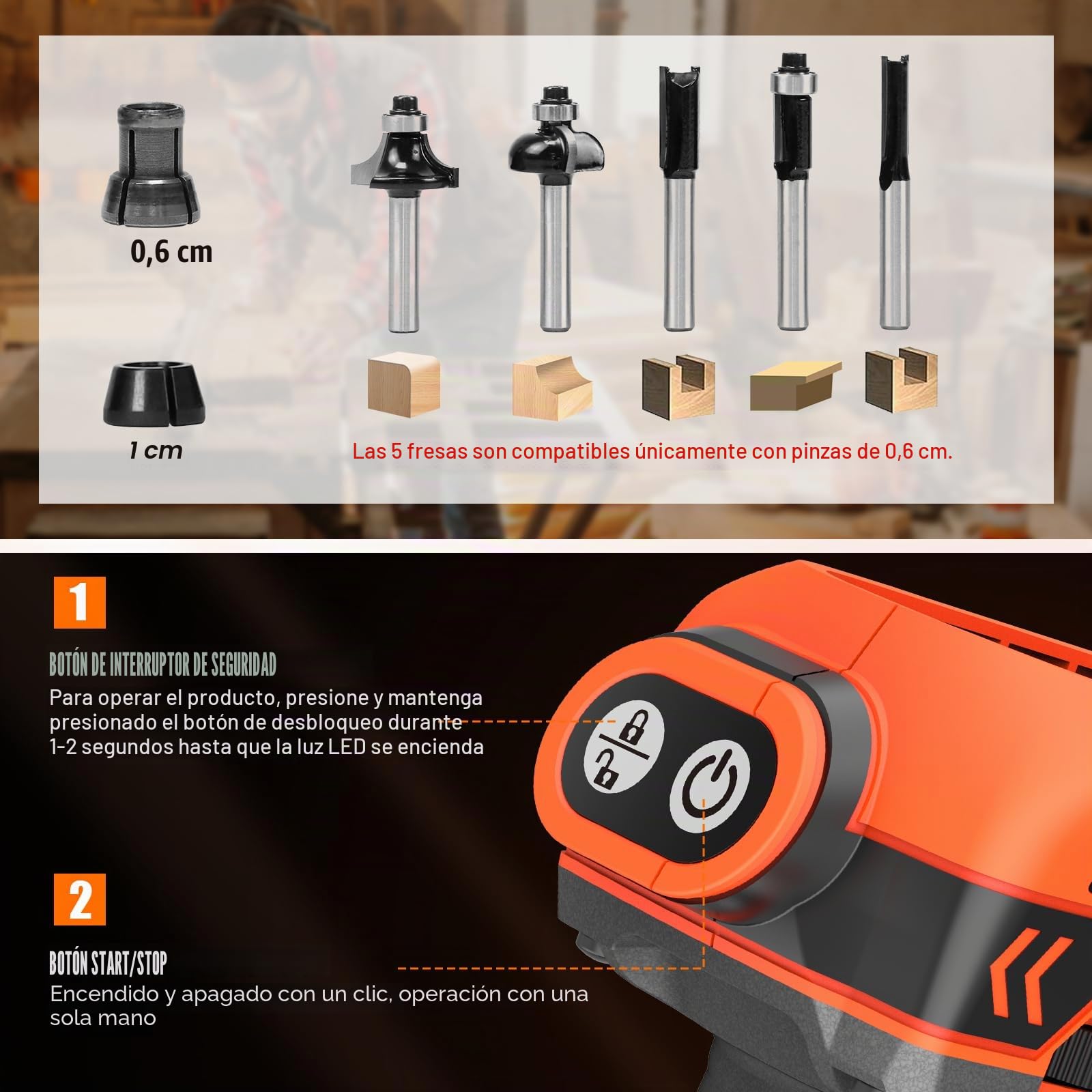 Fresadora de Madera Compatible con Makita 18V Batería, Fresadora de Mano con 6 Velocidades, Motor Sin Escobillas, 30000 RPM, 5 Piezas Fresas (Sin Batería)