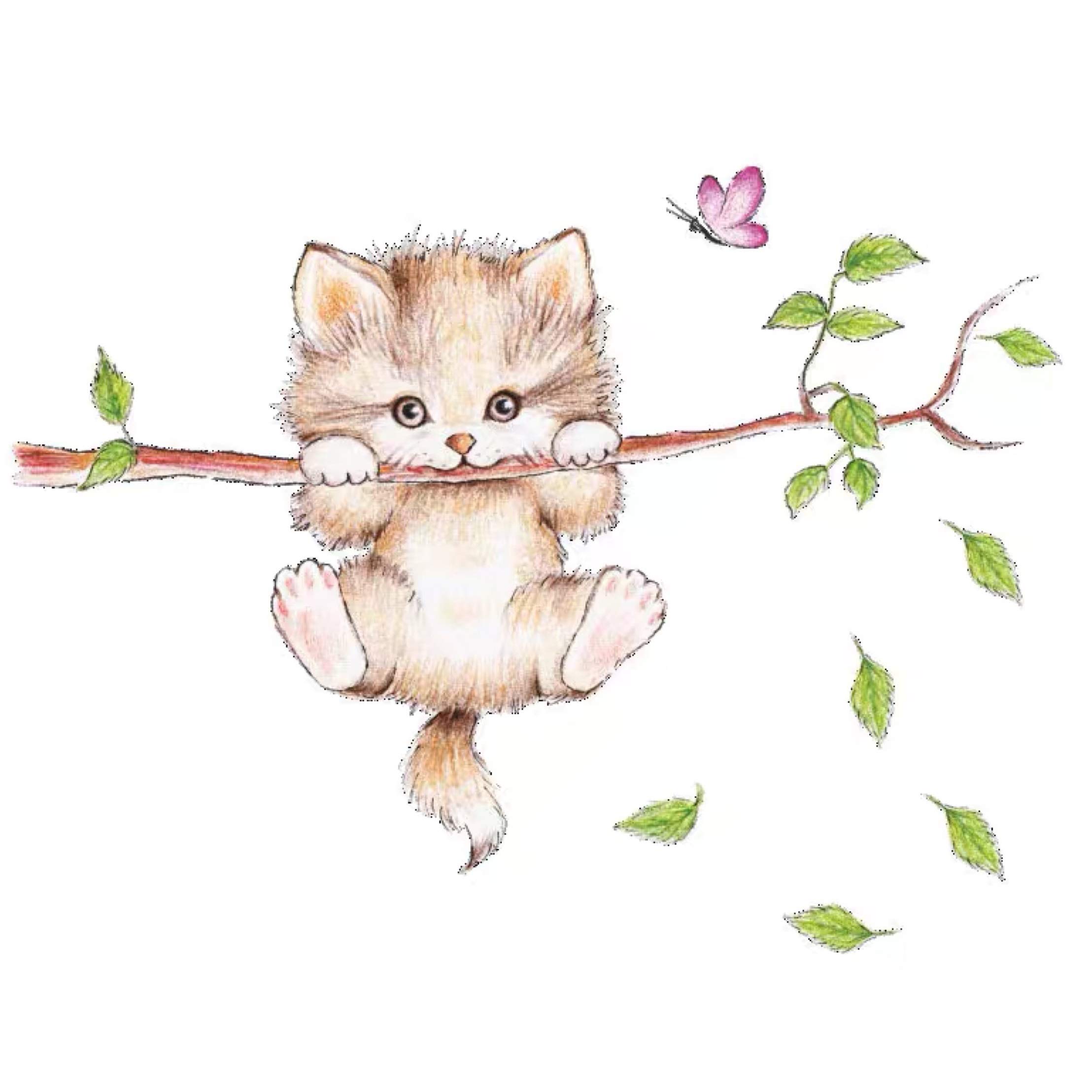WandSticker4U®- Adesivi murali GATTO sul RAMO cameretta bambini (70x55 cm) I Murales adesivi parete gatto gattino albero ramo animali dolci I Decorazioni sticker muro camera da letto bambini