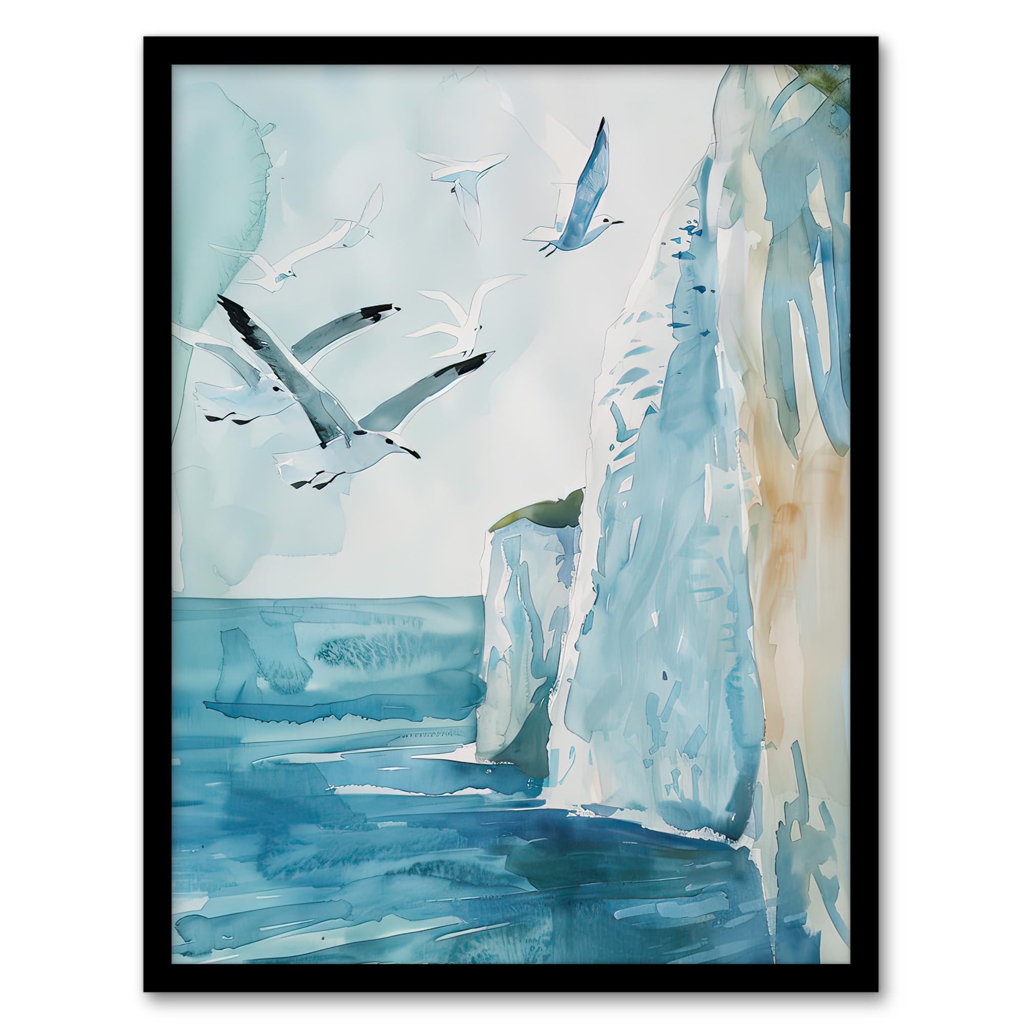 Artery8 White Cliffs of Dover England Seagulls Coastal Living Room Artwork Framed Wall Art Print A4