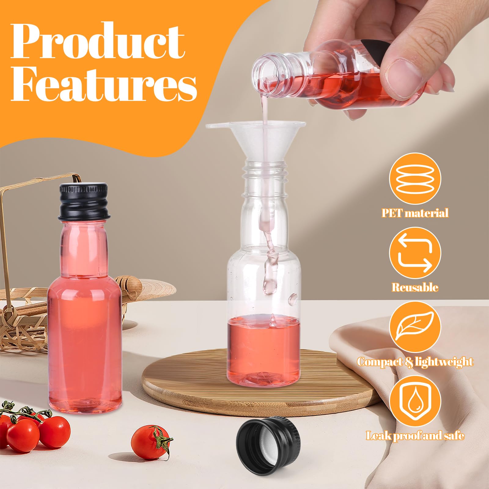 50 Pezzi Mini Bottiglie Alcolici Bomboniere, Bottigliette Liquore Mignon da 30 ml, Piccole Bottiglie di Plastica con Penna, Etichette, Imbuto e Pennello per Matrimoni, Feste e Whisky