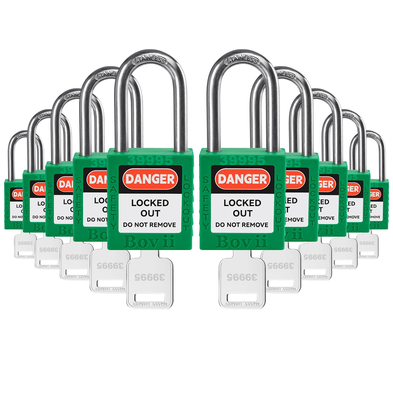 Candados de etiquetado con llave igual, paquete de 10 candados de seguridad de bloqueo verde, kit de candados de seguridad de plástico, 1 llave