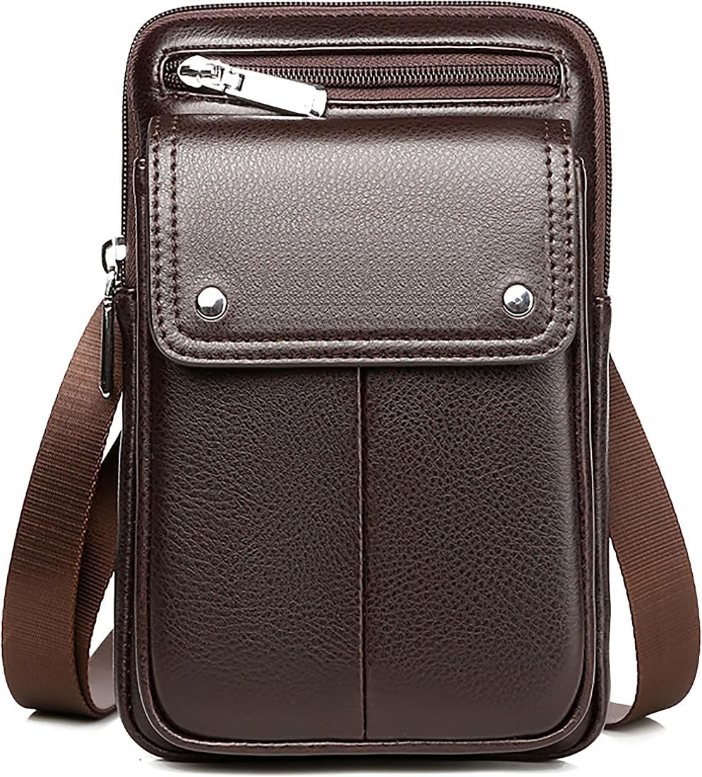 Cell Slip Crossbody Stylish PU Leather Men's Waterproof Waist Bag for Travel, Hiking, Running (Tan)-image-23