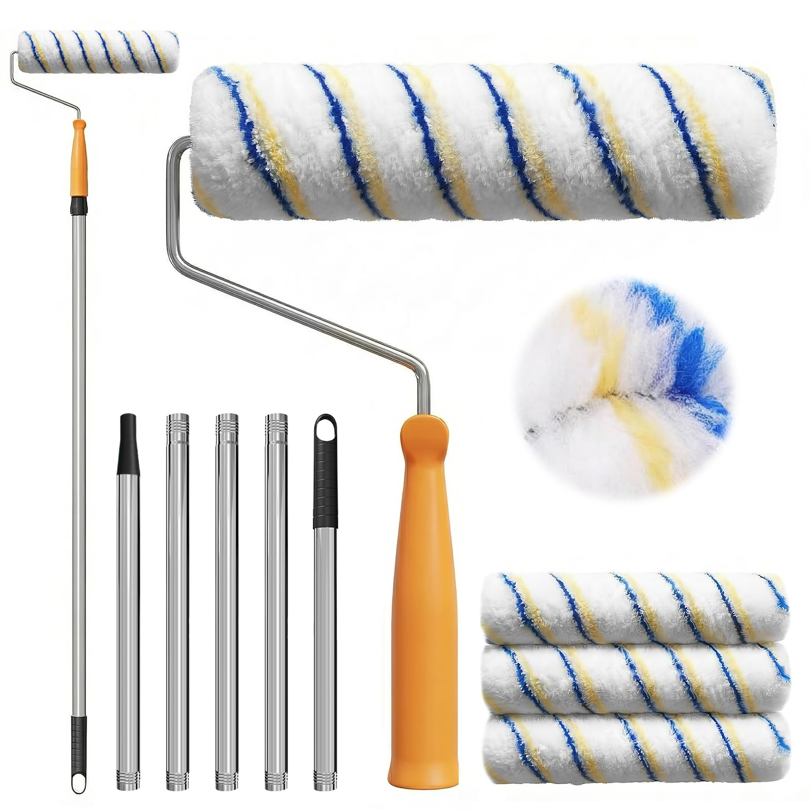 Woobroo 9 Inch Paint Roller with Extended Detachable Thickended Pole, Long Paint Roller Extendable 2 M Multi-Function Long Household Wall Painting Tool for Walls and Ceiling