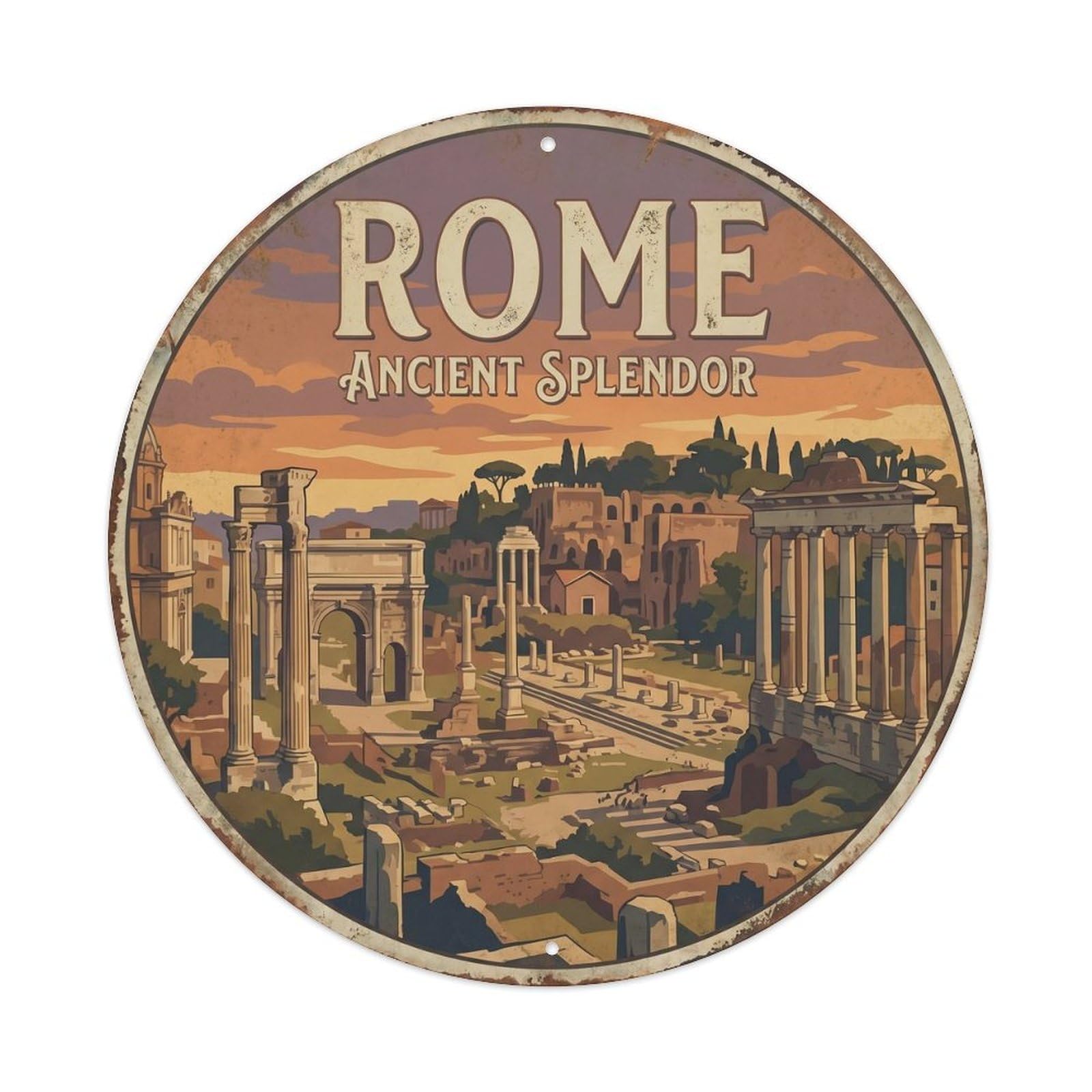 Gtthok Vintage Style-9 Vintage Travel Forum Rome Archaeological Metal Tin Sign Plaque Wall Decor For Cafe, Club, Garden Round Metal Poster 8X8inch