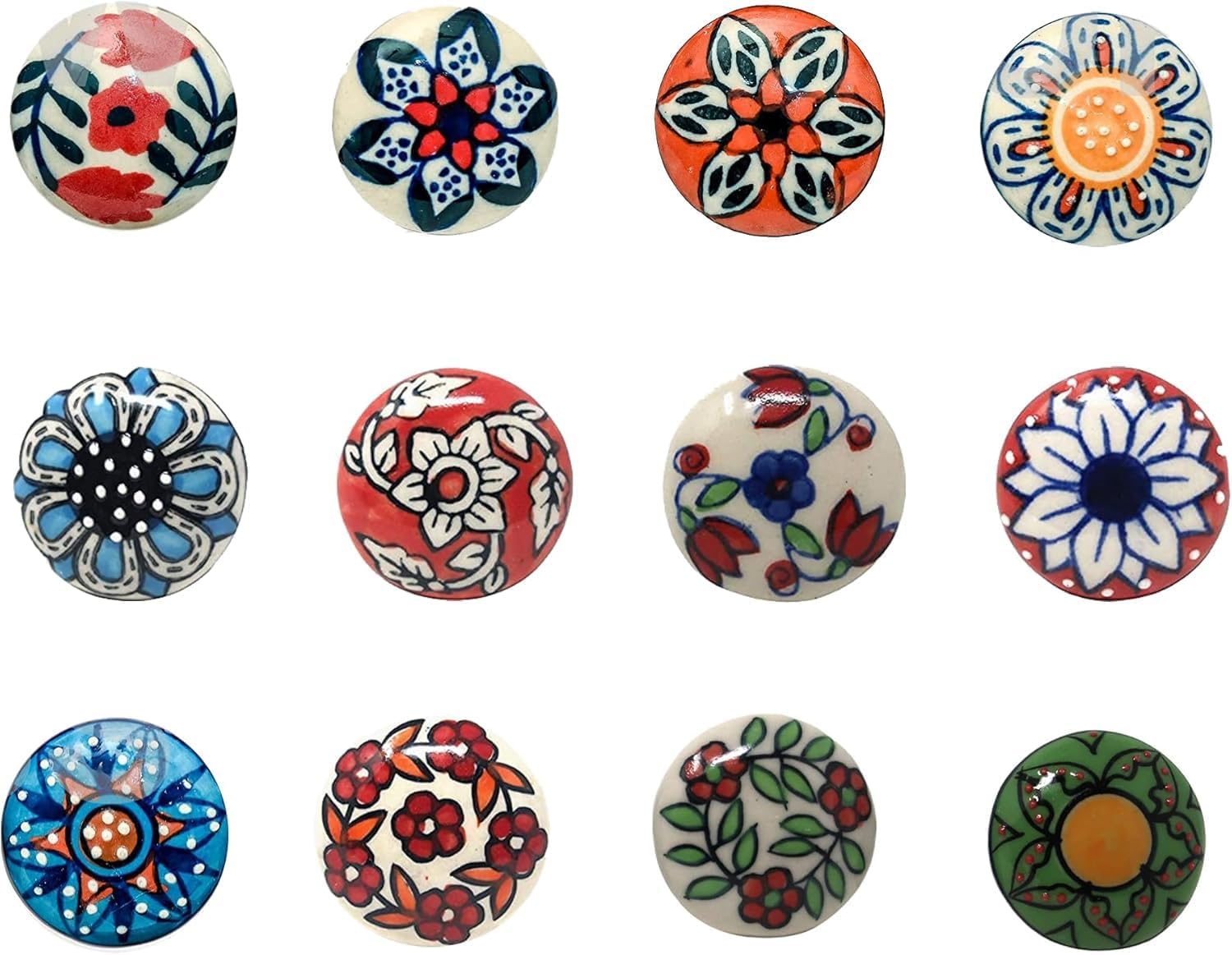 Cabinet Knobs and Pulls - Indian Vintage Pottery Ceramic Kitchen Cupboard Drawer Handle Interior Decor Furniture Hardware (Multicolor_2, Pack of 12)