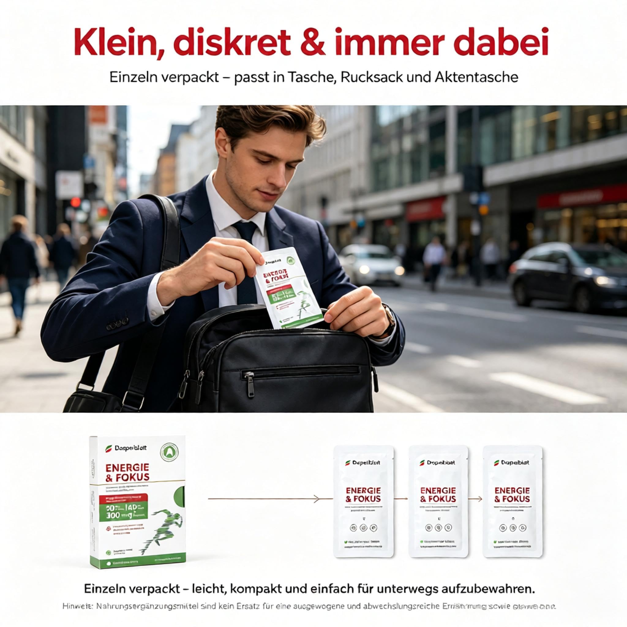 DoppelBlatt ENERGIE Mundlösliche Energie-Streifen mit Koffein, L-Theanin & B-Vitaminen, ohne Wasser für Sport, Büro und unterwegs, Zuckerfrei, Vegan, 20 Streifen（HC001-ENERGIE & FOKUS）