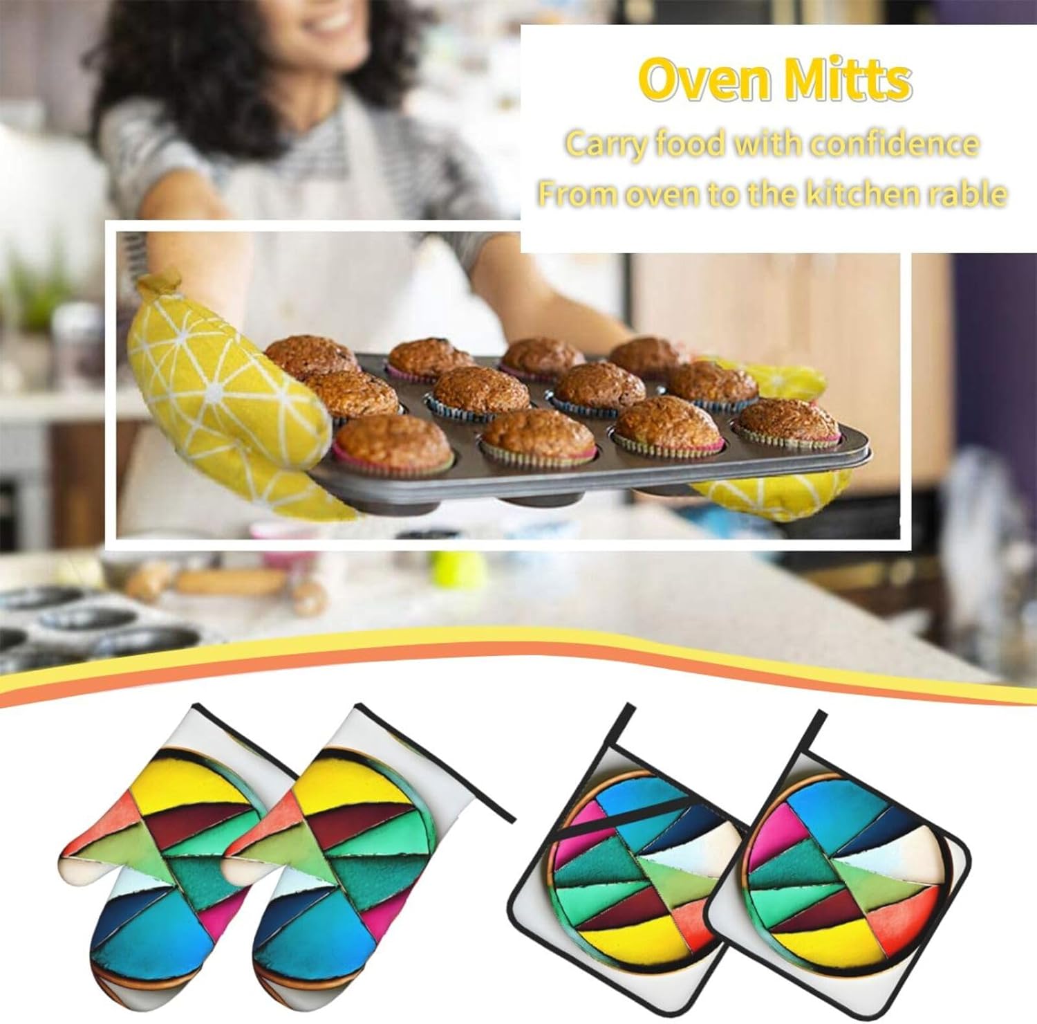 Round palette Oven gloves and heat-resistant mat 4-piece set. Suitable for grilling, microwave oven frying, and baking