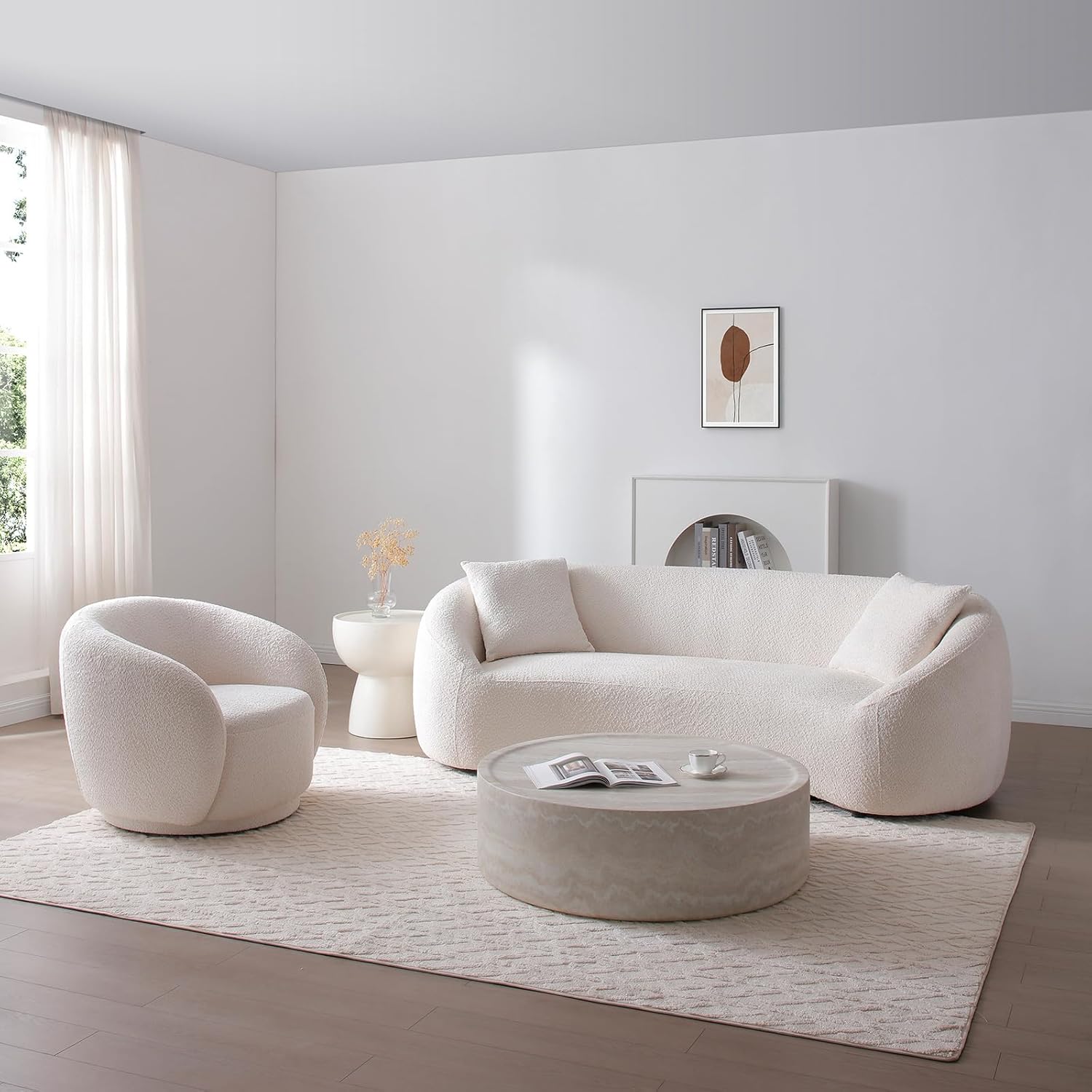 White Curved Sofa Set of 2 Couch Living Room Modern Integral Sofas Furniture 3 Seater Sofa + Curved Chair Boucle Fabric Solid Wood Frame with 3 Pillows Curved Couches