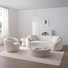 White Curved Sofa Set of 2, 4 Seater, Solid Wood Frame, Pillows, Modern | White Curved Sofa Set of 2 Couch Living Room Modern Integral Sofas Furniture 3 Seater Sofa + Curved Chair Boucle Fabric