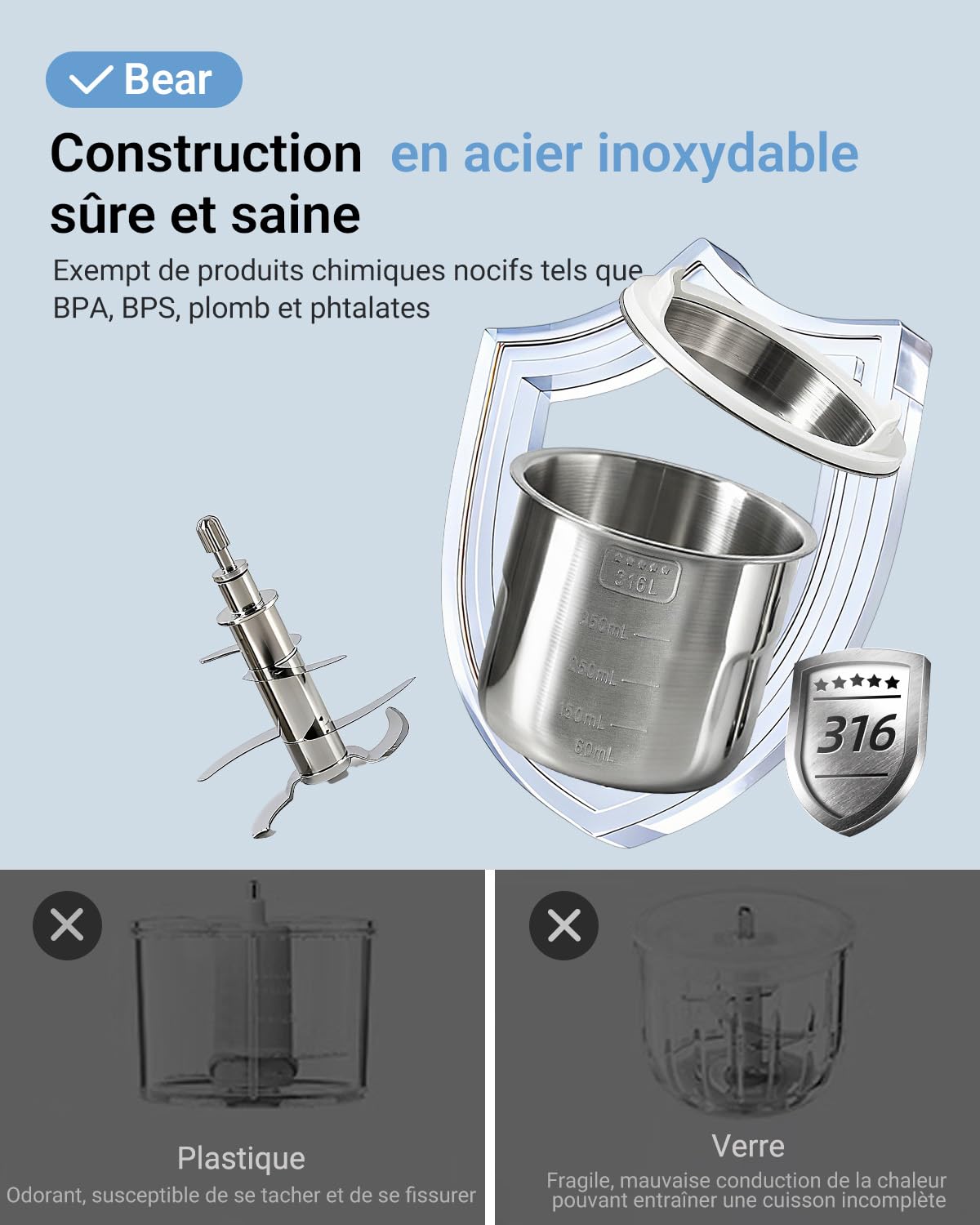 Bear Robot Cuiseur Bébé Multifonctions 10 en 1 NutriEase AllStage en Acier Inoxydable, Cuiseur Vapeur Mixeur OneStep, Cuisson et Mixage Automatiques pour une Alimentation Bébé Maison Saine, Sans BPA