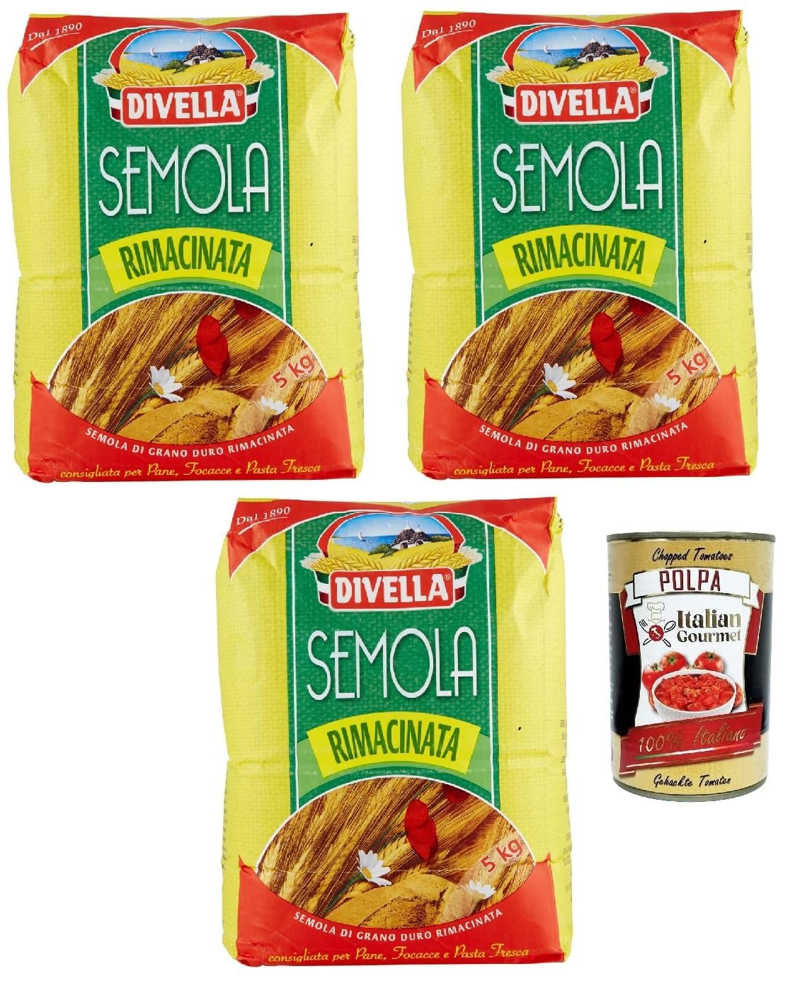 Italian Gourmet Bundle Divella Semoule de Blé Dur Remoulue 3x5kg – Semola Rimacinata fine pour pâte fraîche, pain, pizza & focaccia, qualité pro grand format 15kg réserve + Italian Gourmet Polpa