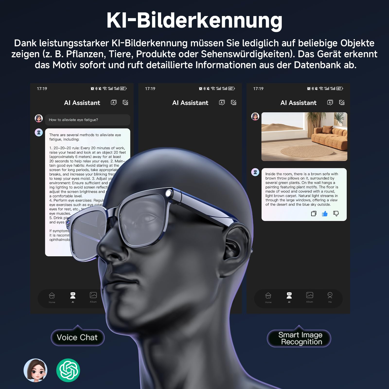 AI Smart Glasses, Brille mit 800 W Kamera, 2 Paare Brillengläser, 1080P HD Video und Audiorecording mit Bildstabilisierung, /Bluetooth-Anrufe/AI-Assistent/Echtzeitübersetzung