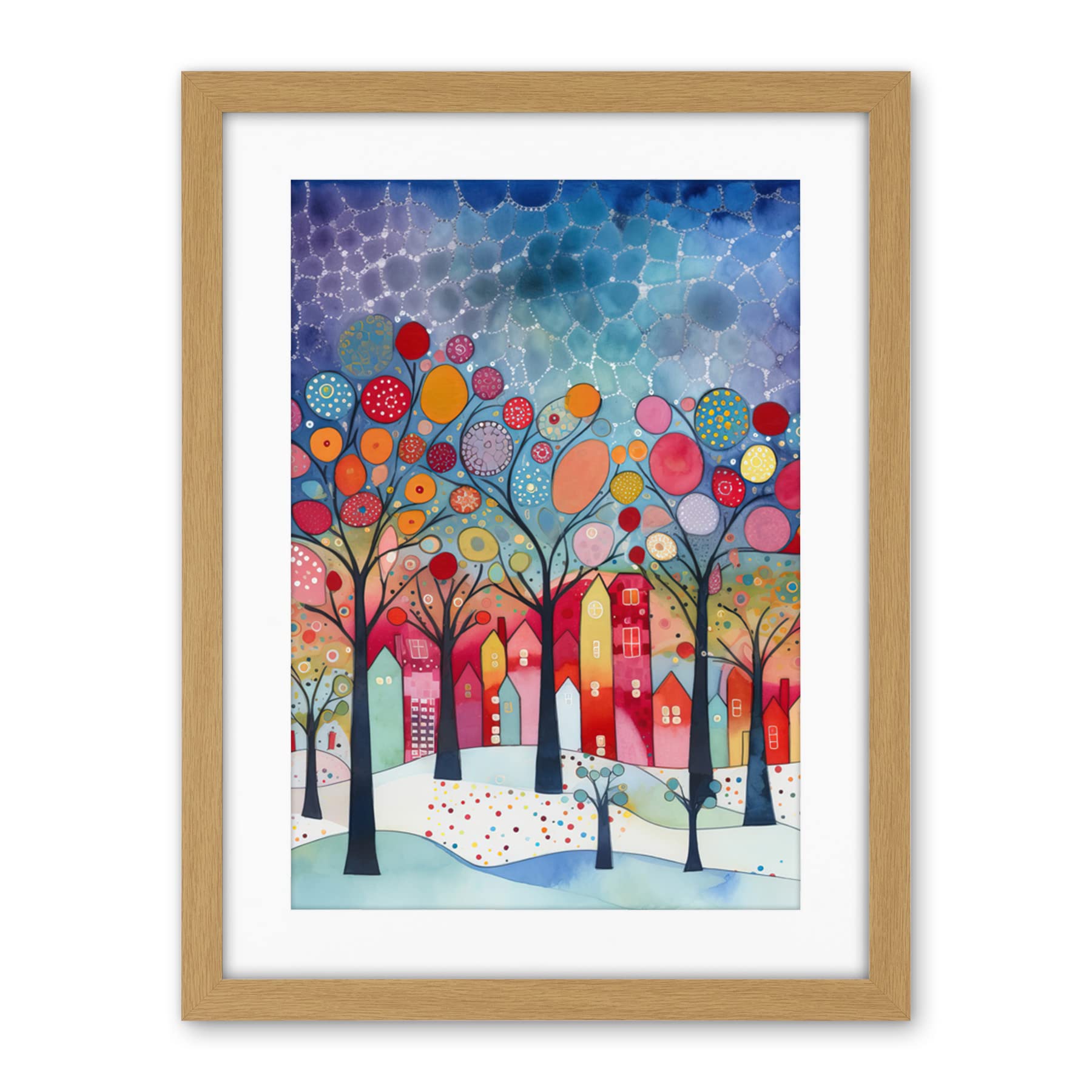 Artery8 Winter Abstract Village Folk Art Artwork Framed Wall Art Print 18X24 Inch