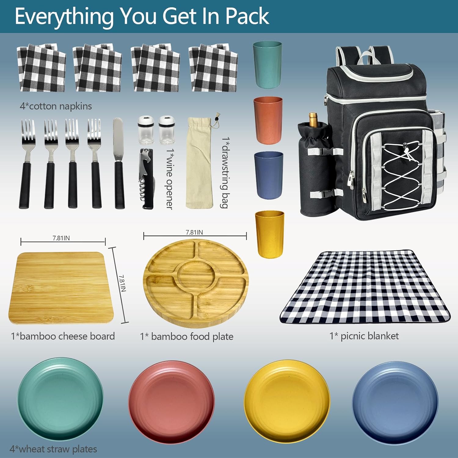 Hap Tim Picnic Basket Backpack for 4 Person with Blanket, Insulated Leakproof Cooler Compartment, Wine Holder, Cutlery Set, Engagement Gifts for Couples, White Elephant Gift Ideas, Black (36221-DG)