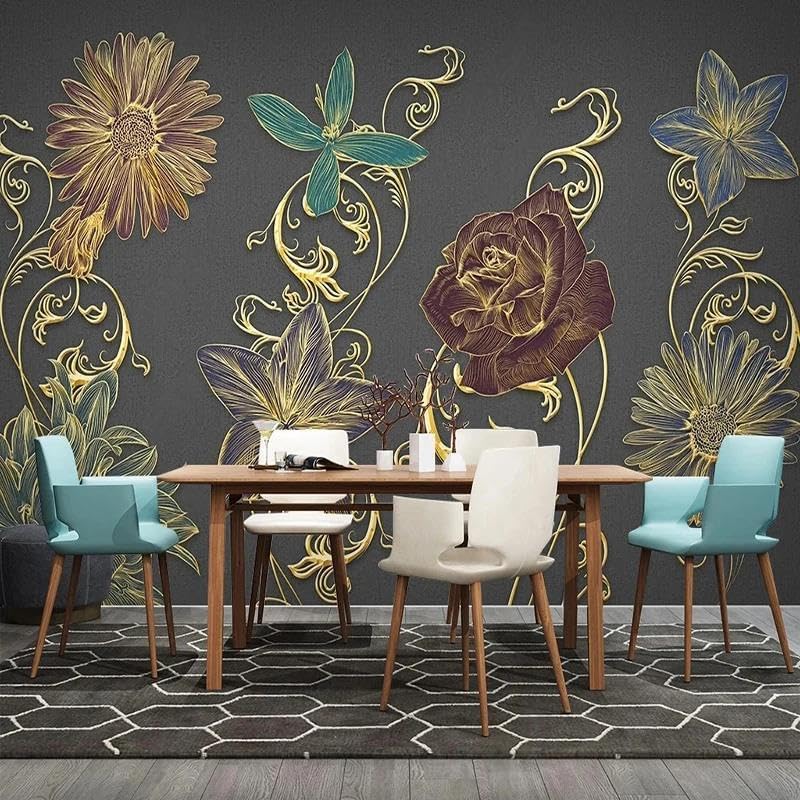 Papier peint 3D fleur de ligne gaufrée or tapisserie murale salon 150x105