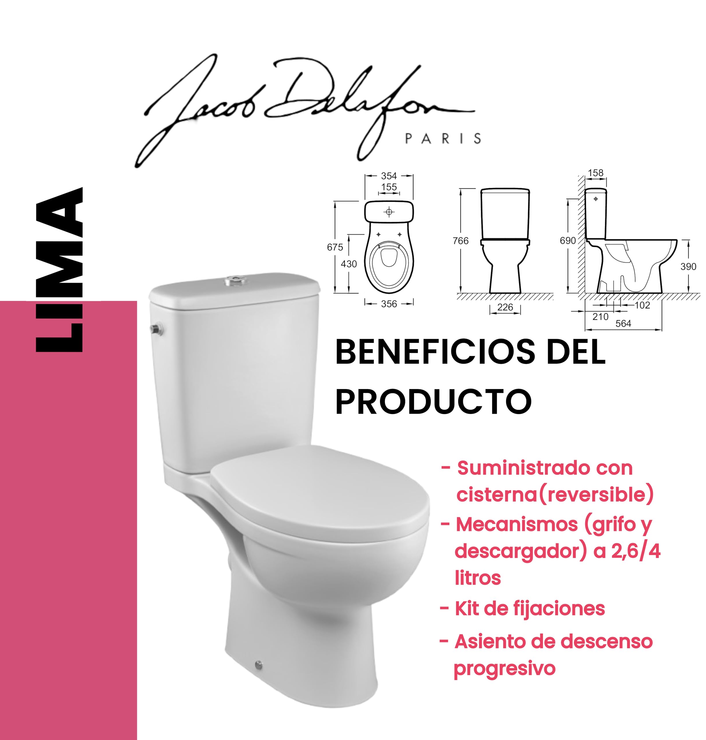 JACOB DELAFON WC Inodoro completo a suelo Salida vertical Alimentación lateral Sistema rimless Asiento amortiguado Doble descarga 2,6/4 l LIMA E40028-00