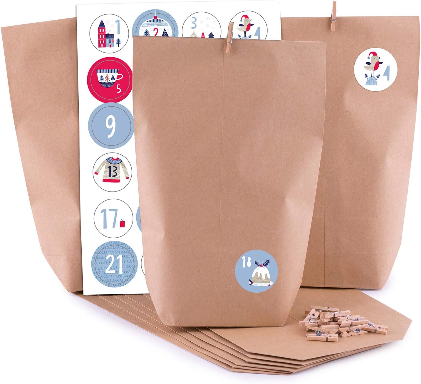 Adventino Adventskalender 24 Kraftpapiertüten mit 24 weihnachtlichen