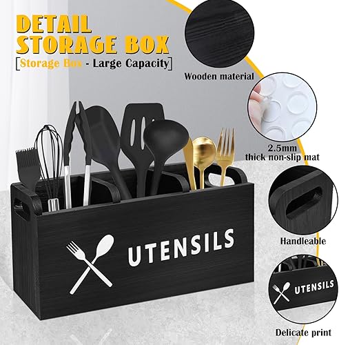 Miniatura 3 de Soporte grande para utensilios de cocina, utensilios de cocina con 3 compartimentos, decoración de cocina de granja de madera para cubiertos,