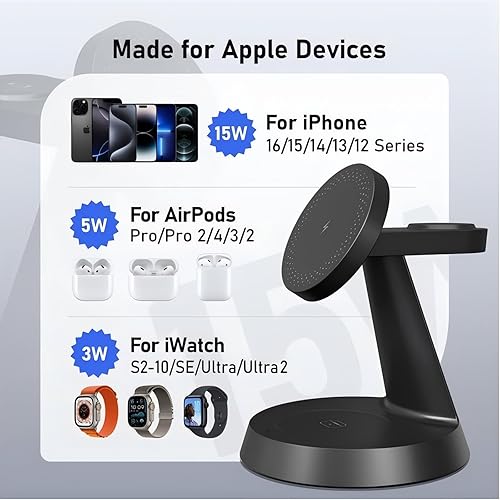 Miniatura 4 de Estación de carga inalámbrica 3 en 1 para Apple Mag-Safe 15 W, soporte de cargador rápido para múltiples dispositivos Apple, cargador magnético para