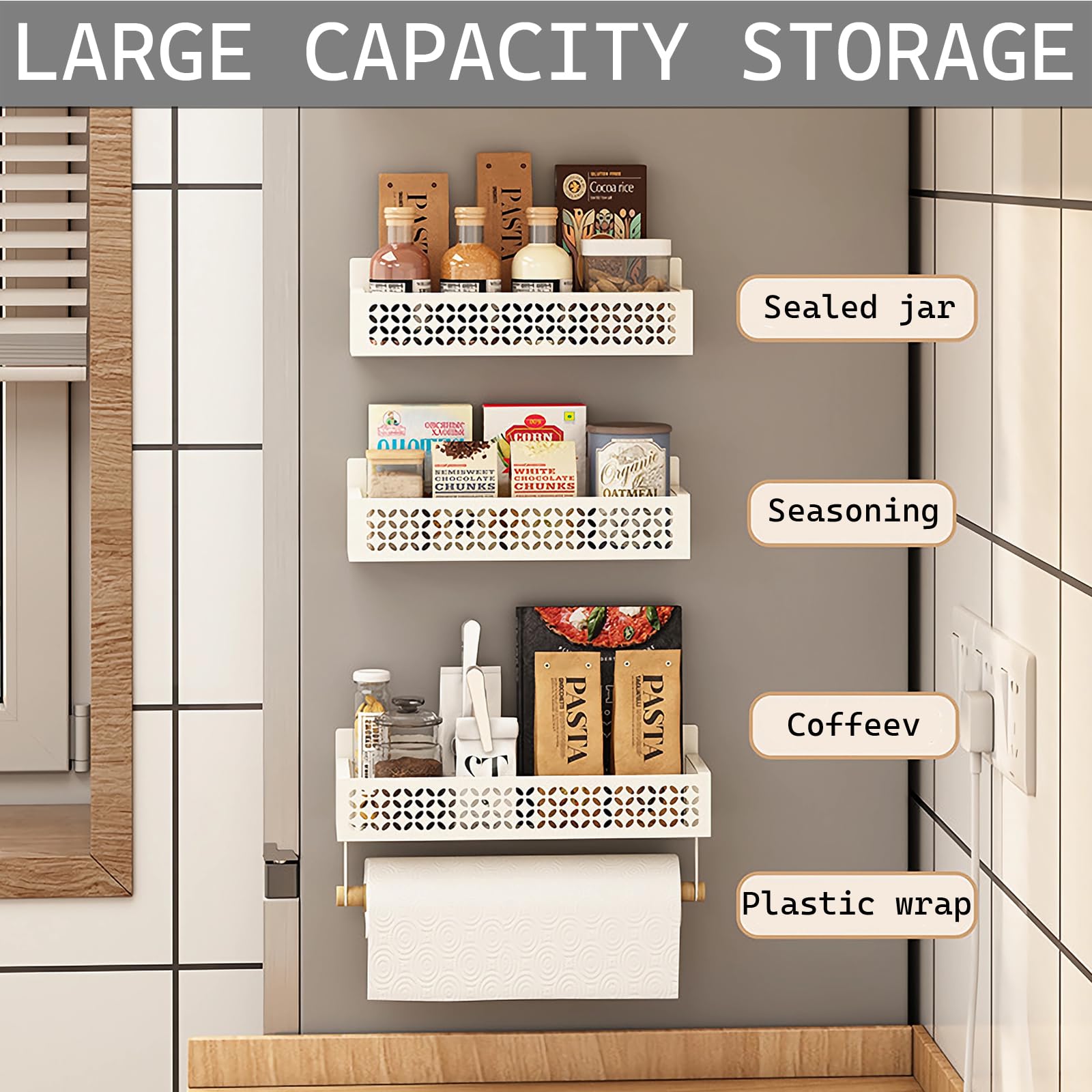 Set Magnetico Portaspezie Per Frigorifero – 7 Pezzi In Metallo Nero – Mensole, Porta Asciugamani E Gancio – Organizer Da Cucina