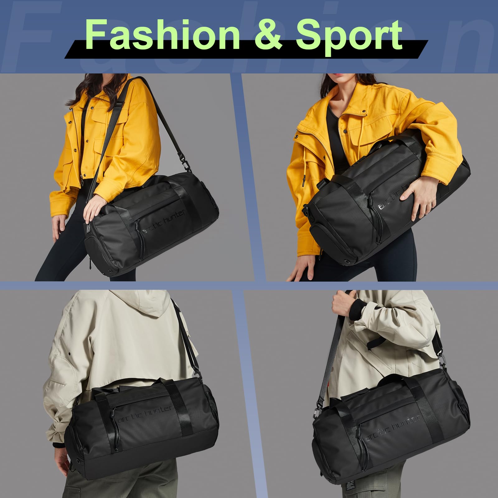 ARCTIC Hunter - Bolsa de deporte pequeña para hombres y mujeres, con compartimento para zapatos, ideal para deportes, viajes y viajes nocturnos, color negro, Negro -, 19.1*6.3*12.6 inch, Deporte