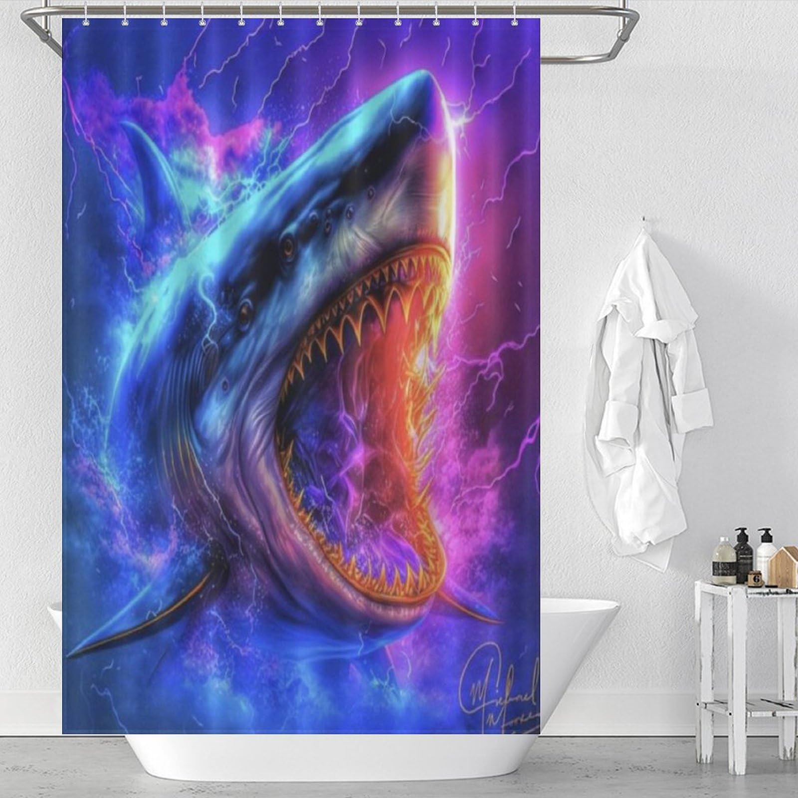 Rideau de douche requin 122x183 cm anti-moisissure en tissu avec crochets