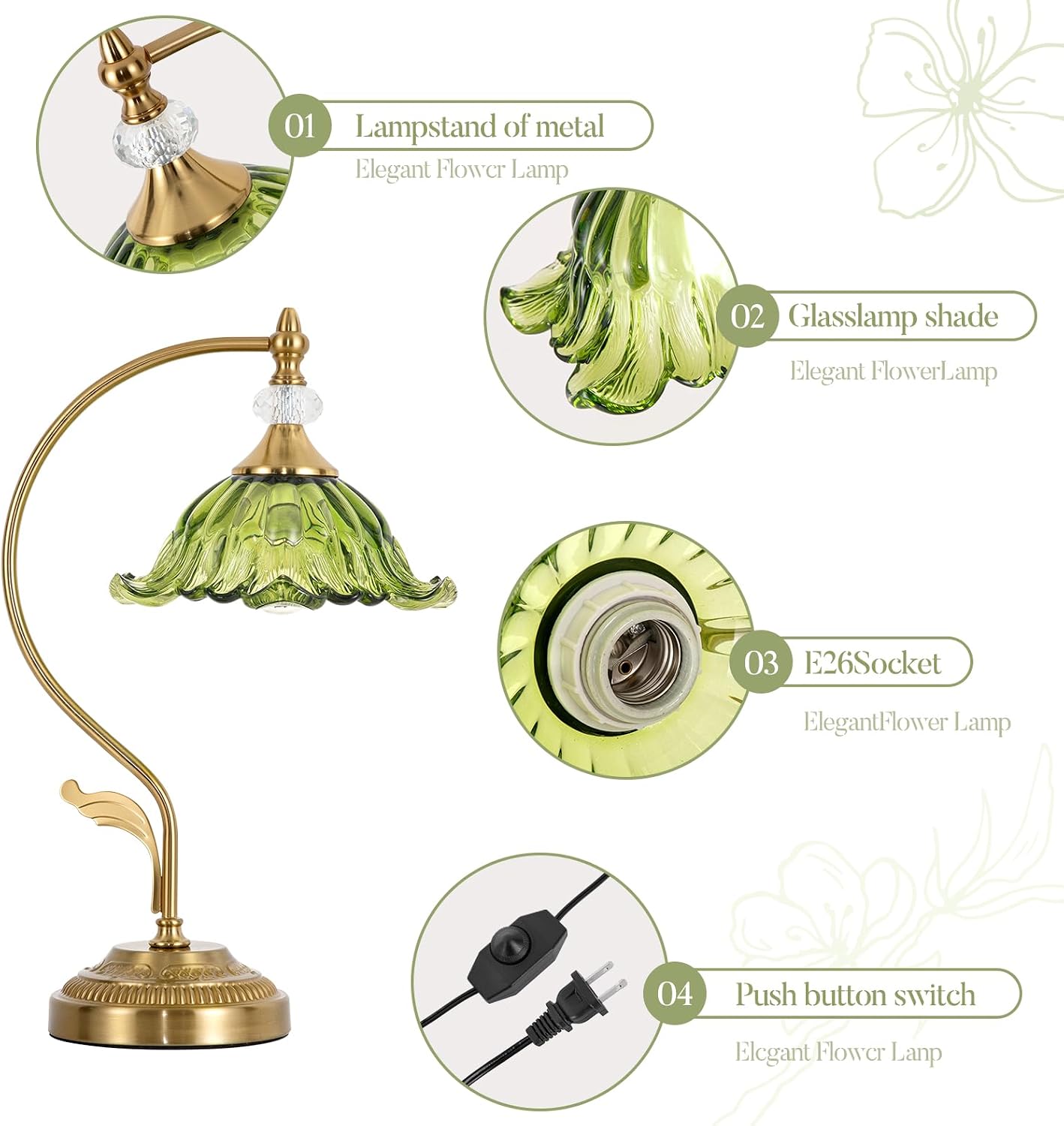Vintage Floral Table Lamp, Plug in Mid-Century Modern Desk Lamp with Green Glass Shade, Gold Bedside Table Lamp Dimmable for Bedroom Living Room Home Office, E26 Base, UL Listed