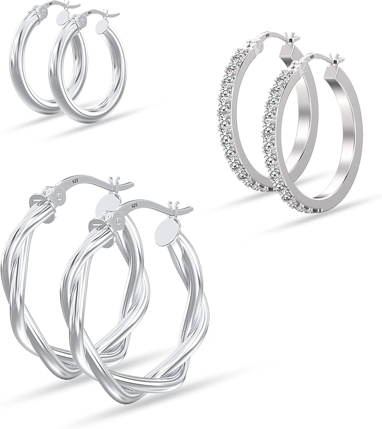 Charmsy Set of 3 Pairs 925 Sterling Silver Hoop Earrings for Women | Lightweight Italian 2.5mm Tube Diamond-Cut Classic Texured Click-Top Hoops Earring | Size 12/13/15/18/20/25mm
