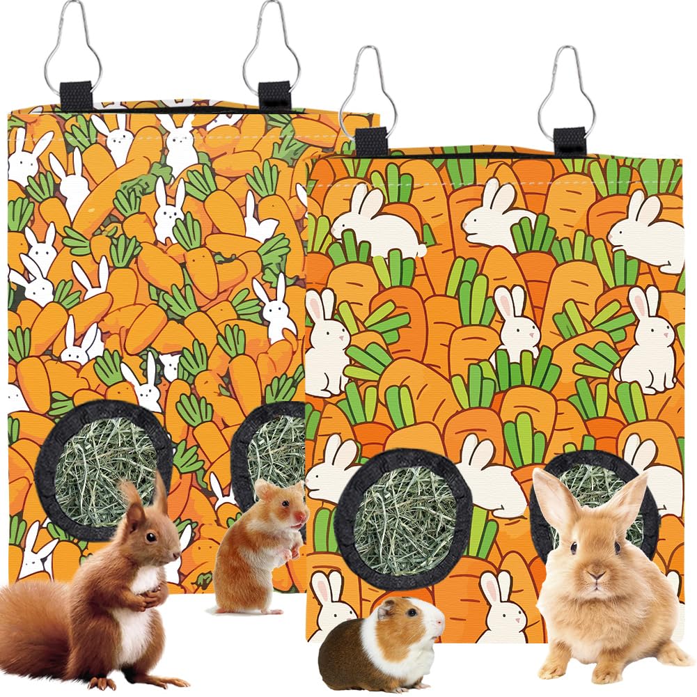 2 Pièces 2 Styles Sac De Foin pour Lapin Petit Sac Suspendu pour Animaux avec 2 Trous Motif Carotte Orange Tissu Lavable Rectangle pour Nourriture Stockage pour Cochons Dinde 12 x 9 Pouces