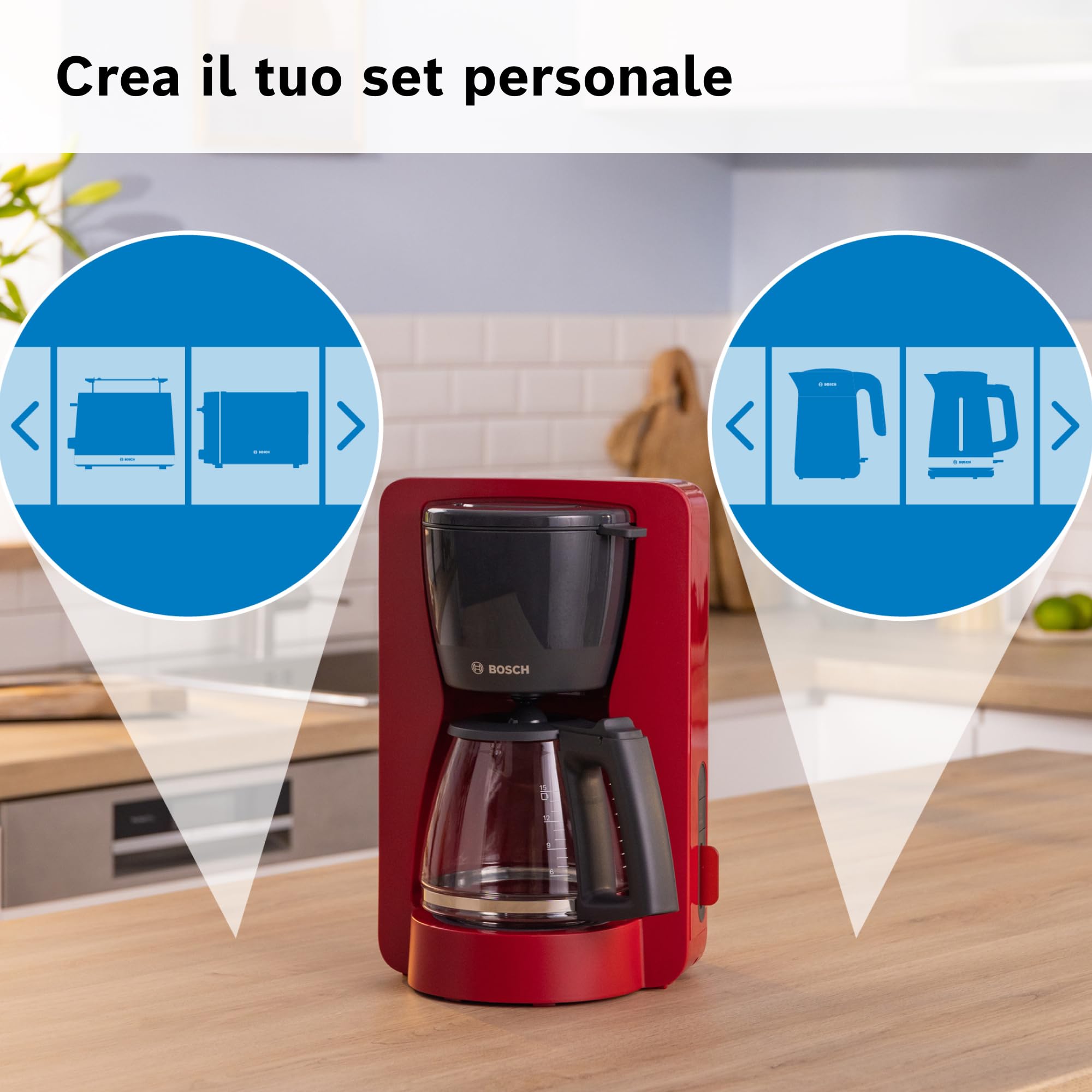 Bosch Macchina da Caffè Americano MyMoment TKA3M134, 1200 W, Capacità fino a 10 Tazze, Filtro Removibile, Caraffa in Vetro, Sistema Antigoccia, Serbatoio Rimovibile, Facile Decalcificazione, Rosso