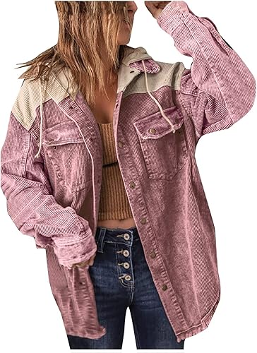AMEGASOON Chaqueta tipo camisa para mujer linda chaqueta de Año Nuevo para mujer manga larga con capucha bloque de color abrigo con capucha