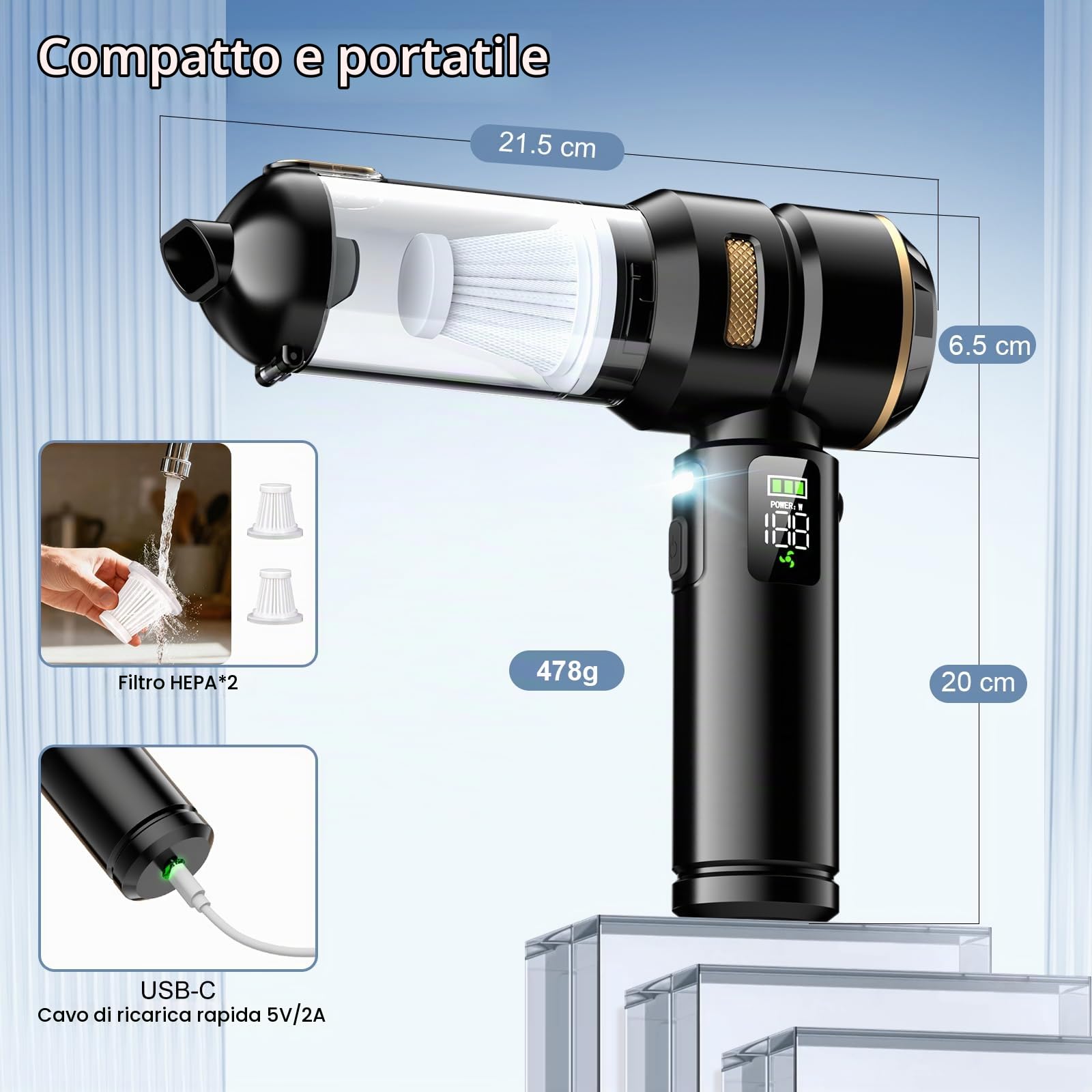 Aspirapolvere per auto, aspirapolvere senza fili, 4 in 1, 32000 Pa, potente aspirapolvere per auto, con display LCD, motore senza spazzole e 3 velocità 300.000 giri/min per auto, ufficio e peli di