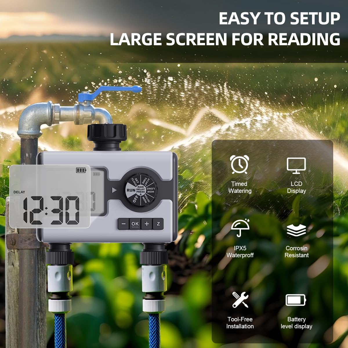 Aqualin 2 vie Centralina Irrigazione Digitale Giardino Timer programmabile per irrigazione da Giardino Sistema Controller/Ritardo Pioggia/Irrigazione Manuale/Funzione Automatico