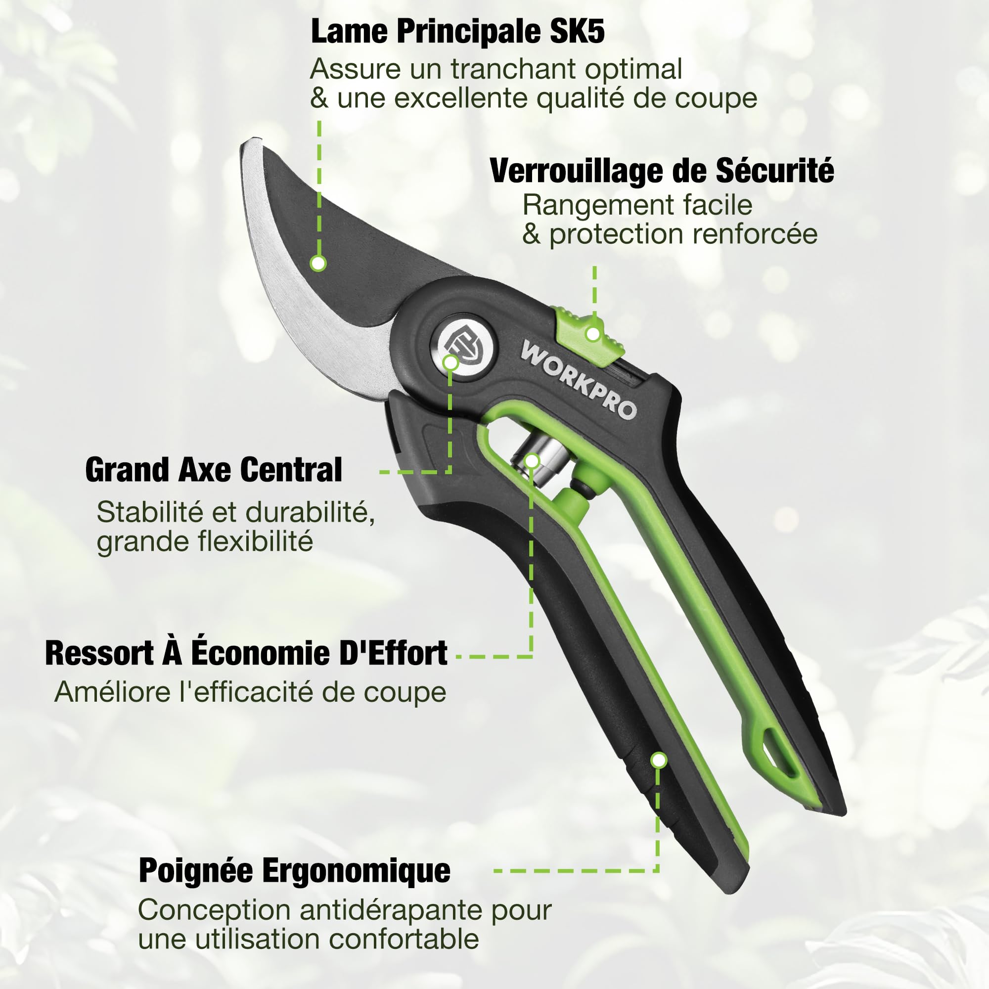 WORKPRO Set de 3 Cisailles de Jardin - Sécateur Bypass, Cisaille à Enclume et Cisaille à Haies - Kit Complet pour l'Entretien des Plantes