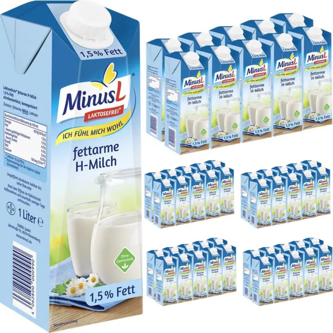 MinusL Milch Laktosefreie H-Milch 1,5% Fett Haltbare Milch, je 1 Liter, 50 Stück+ pufai