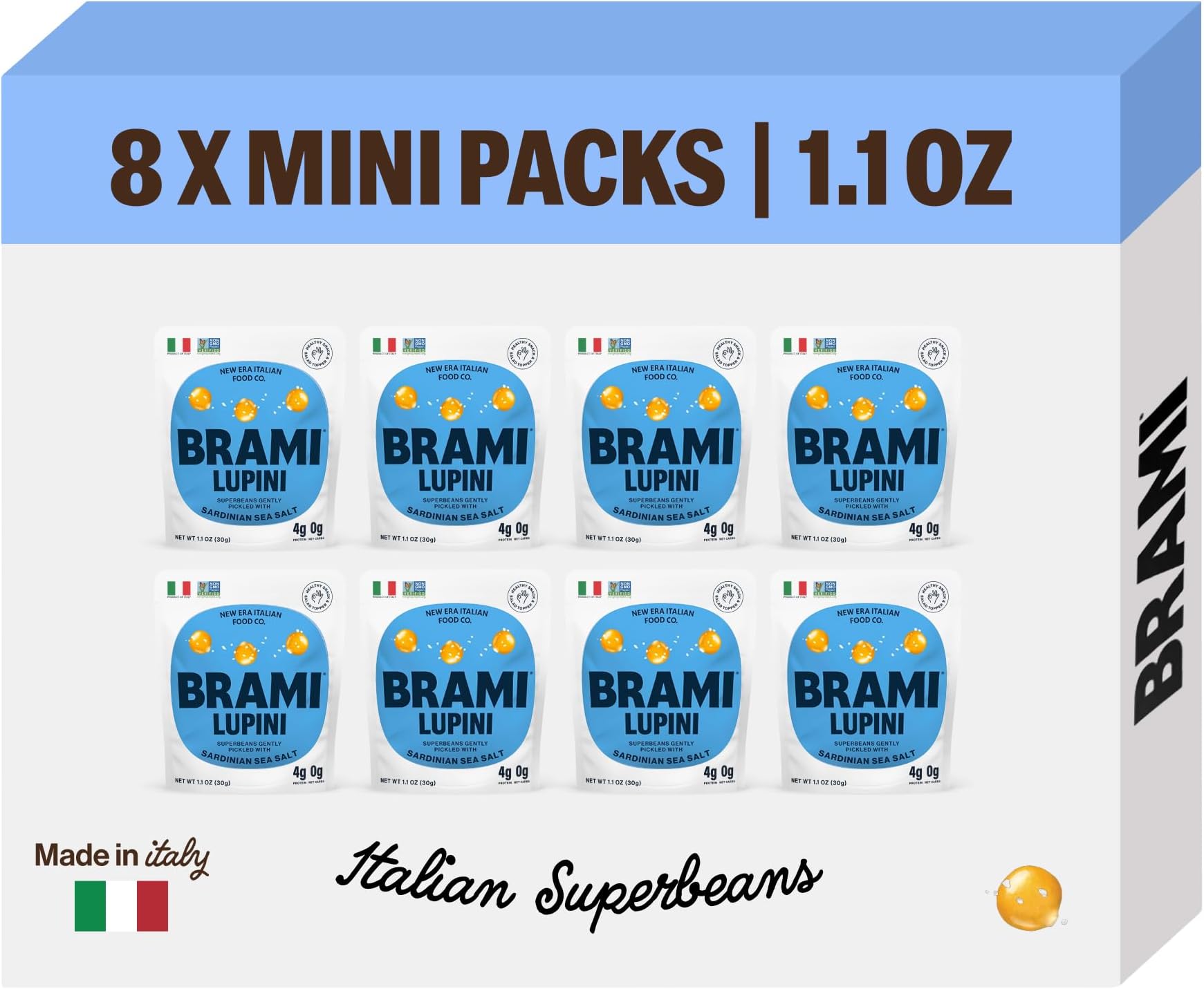 BRAMI Lupini Beans Snack, Sardinian Sea Salt | 7g Plant Protein, 0g Net Carbs | Vegan, Vegetarian, Keto, Plant Based, Mediterranean Diet | 1.1 Ounce (Pack of 8)