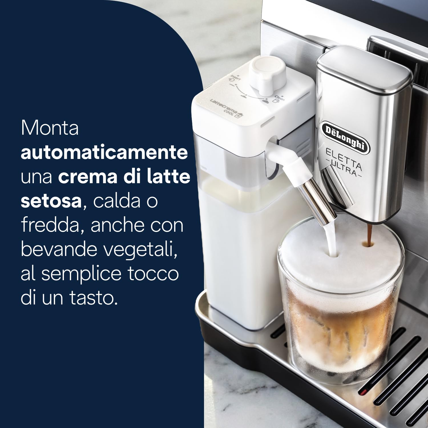 De’Longhi Eletta Ultra – Perfetto Macchina da Caffè Automatica, LatteCrema Montalatte Automatico, 50+ Bevande Calde e Fredde, Silent Technology, Display Touch a Colori, Metallo (ECAM472.85.MB)