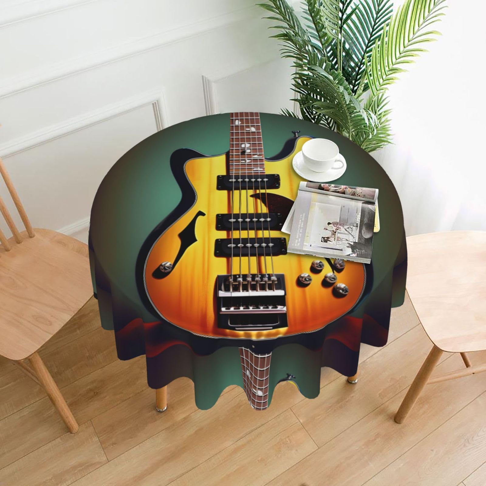 Nbtghga Guitar Bass Music Musical Instruments Print Tablecloth Round Border Table Cloth Cover Decorative For Party Holiday Dinning Tabletop Home