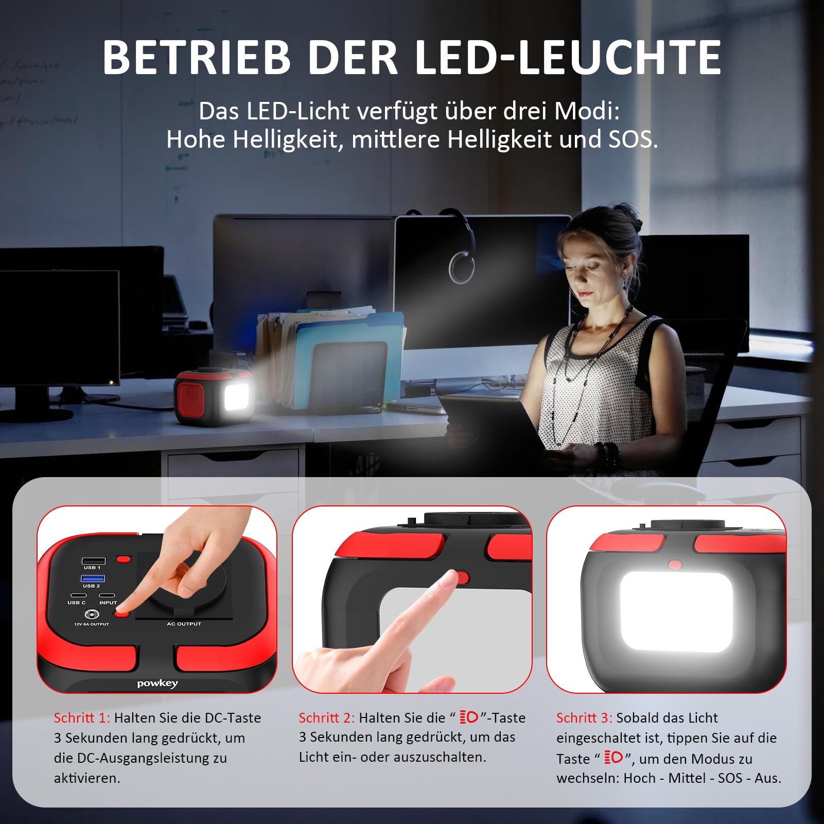 Powkey Tragbare Powerstation 26400mAh/97.68Wh, Powerbank mit Steckdose 120W 230V AC Ausgang 12V 6A DC, Powerstation mit LED und SOS, Solargenerator für Camping Reisen,Solarpanel Nicht Dabei