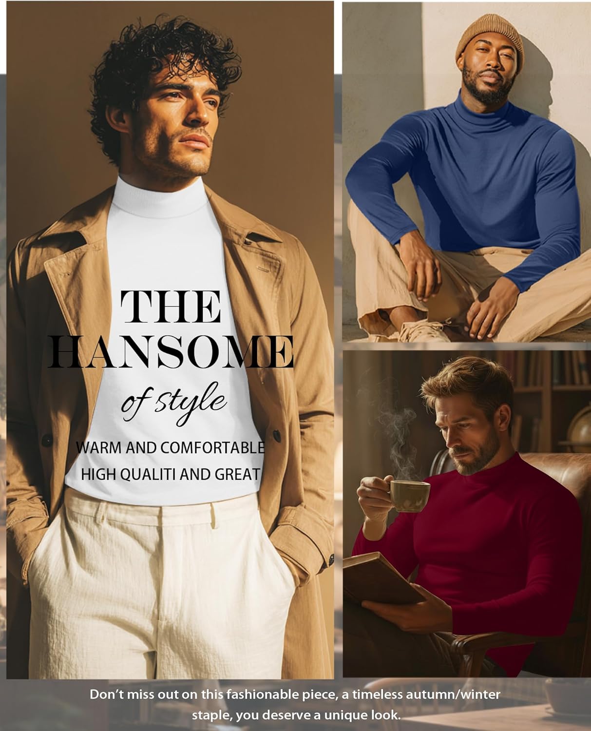 5 Pack Men's Mock Turtleneck Shirts, Long Sleeve Tops Pullover Basic Casual Slim Fit Lightweight T-Shirts Pack - Image 6