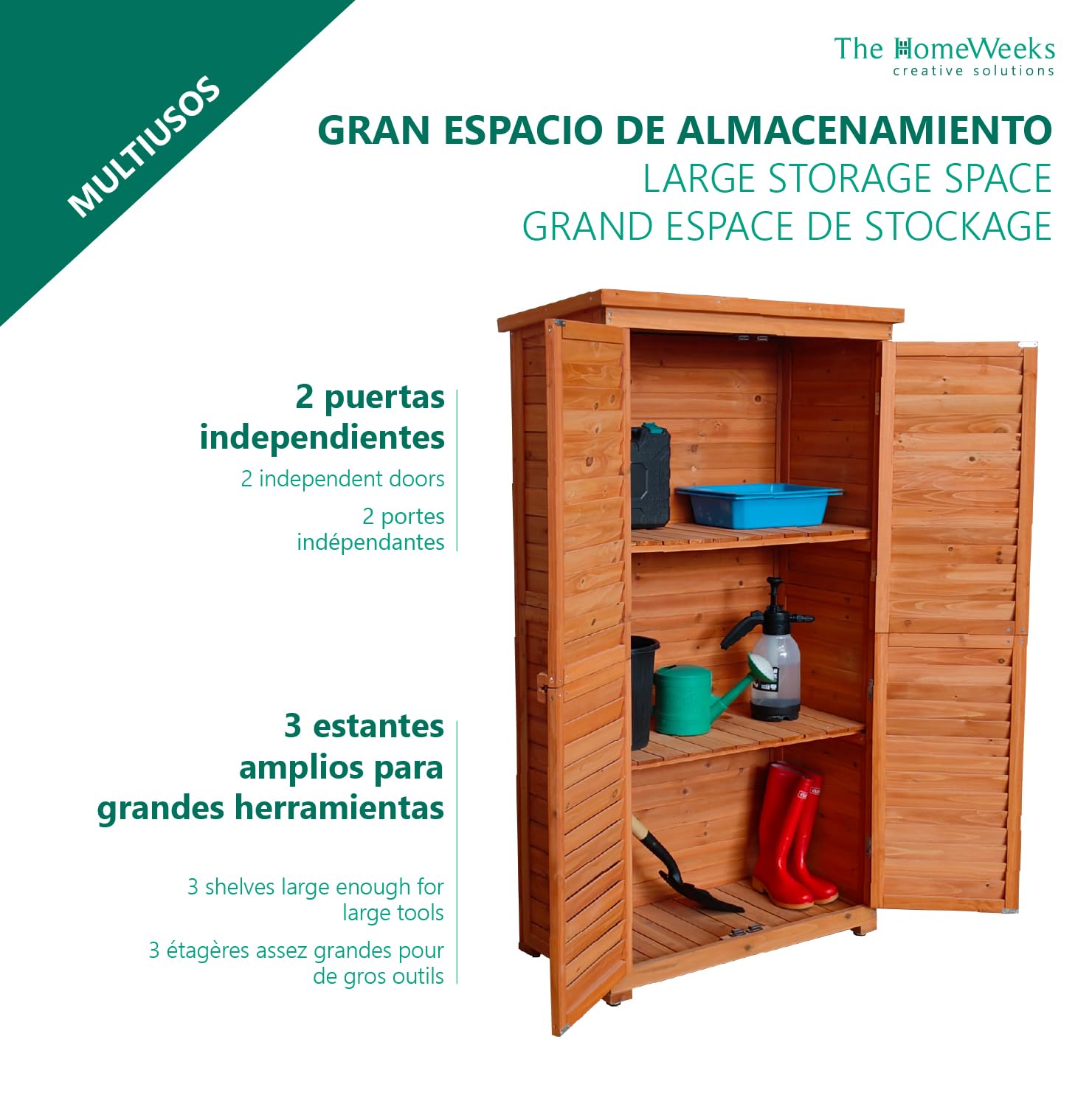 The Homeweeks Cobertizo Armario Jardín IRATI | Madera Tratada Maciza | 87 * 46 * 160cm. | Armario Multiusos | Impermeable | para Almacenamiento de Herramientas y Accesorios de Jardin | Doble Puerta.