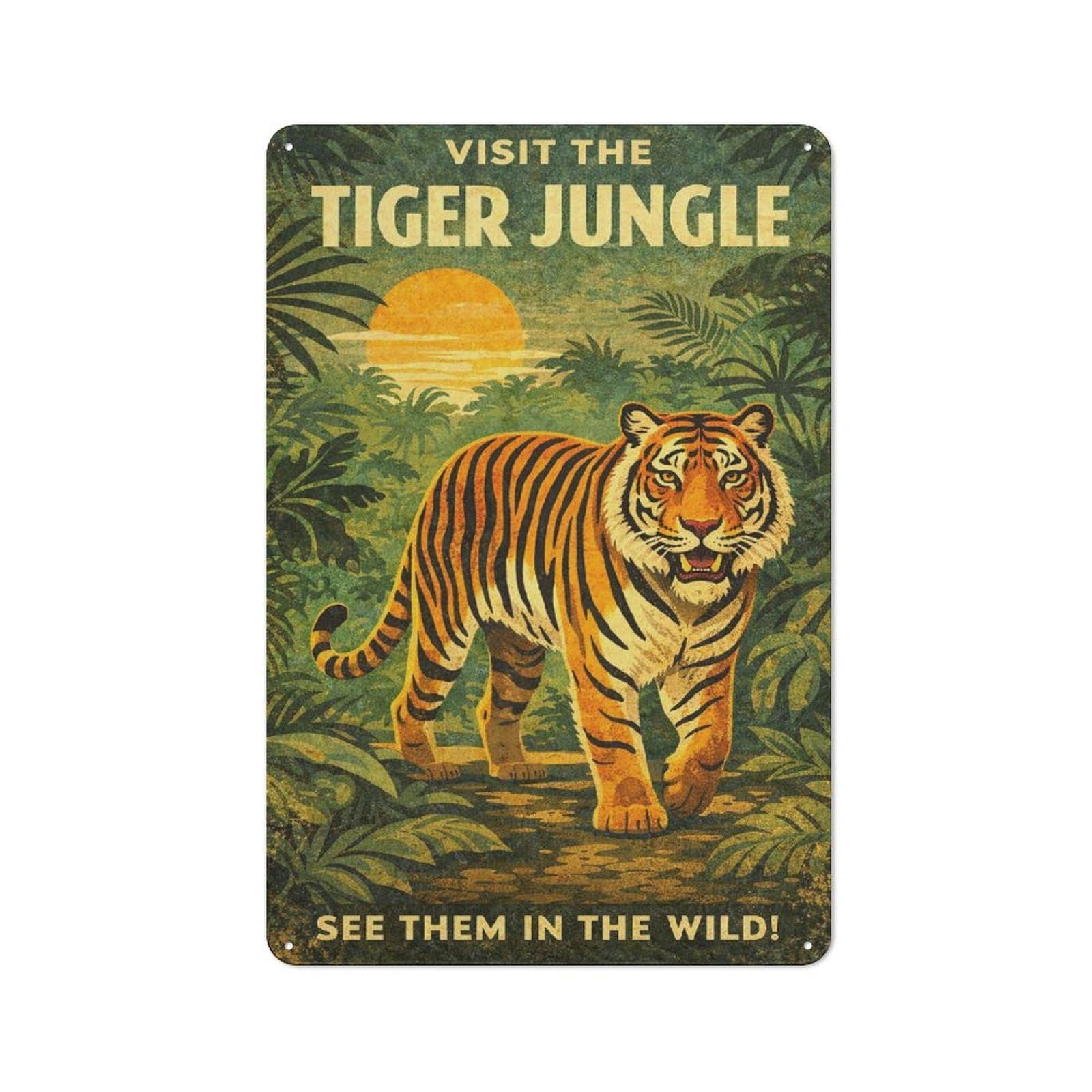 Junmoney Style Visit The Tiger Jungle Vintage Printed Metal Sign 30X20cm For Garage Wall, For Collectors Of Vintage Metal Wall Decor