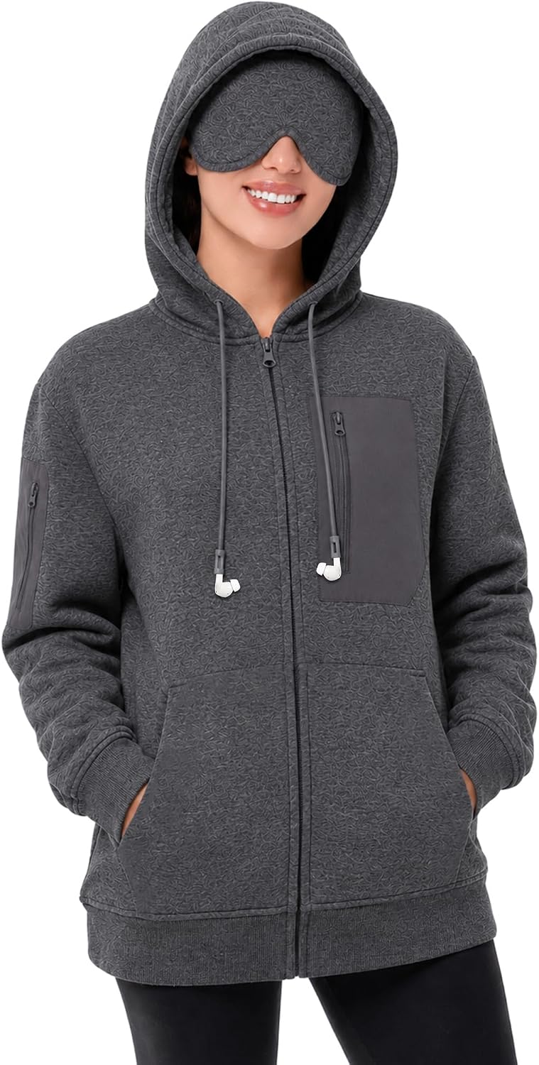 Zip Up Travel Hoodie with Built-In Eye Mask Airplane Sweatshirt image 3