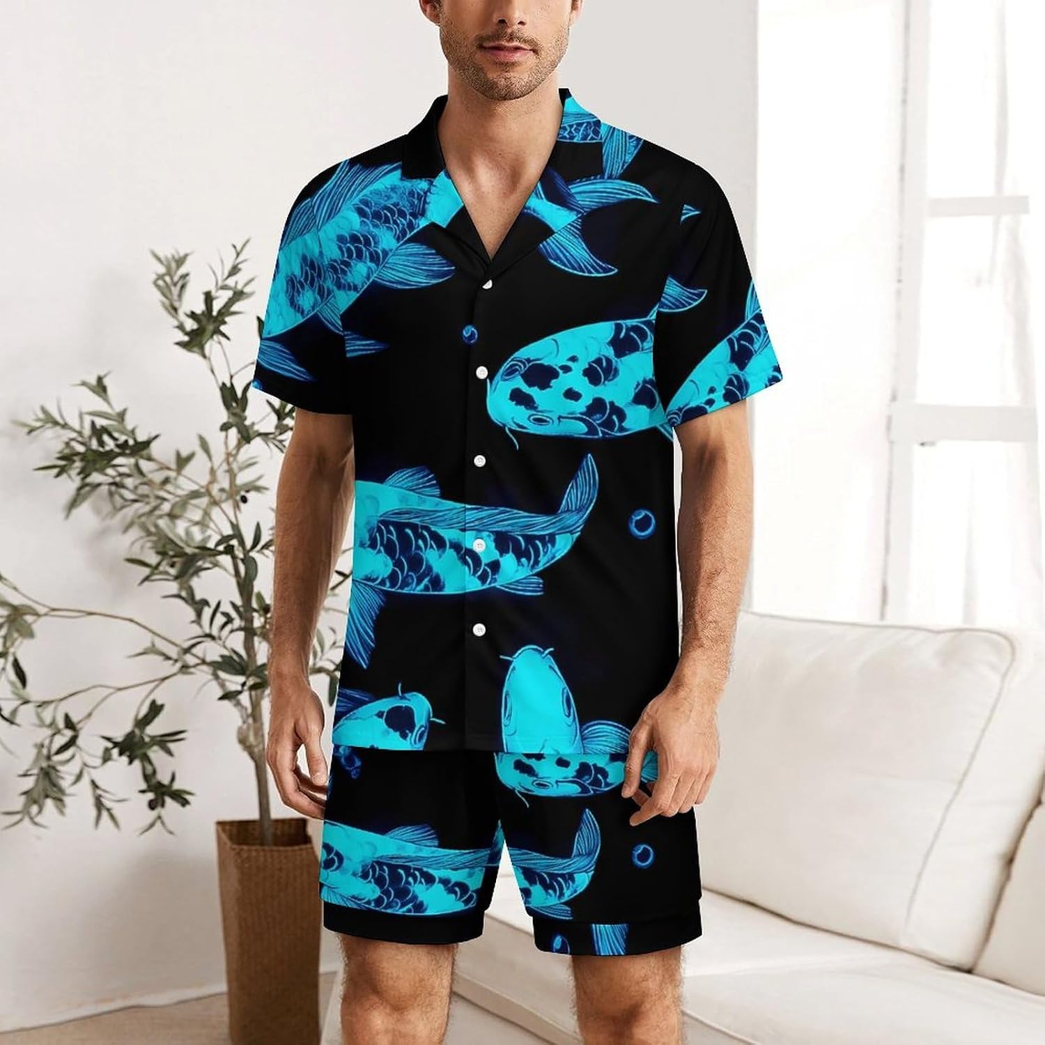 Glow in The Dark Fish Men's Short Sleeve Pajama Set Satin Silk Like Lounge Sleepwear
