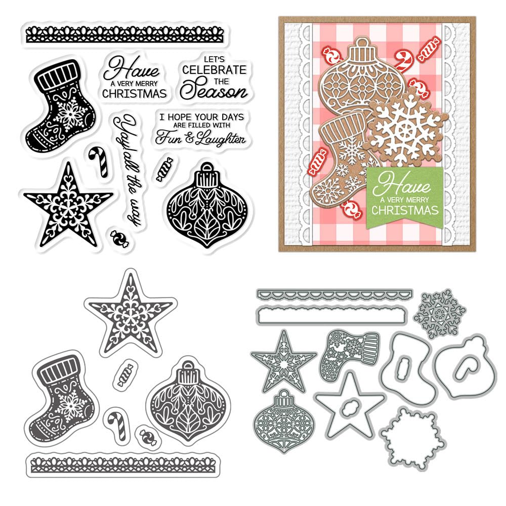 Christmas Silhouette Pattern Stamps and Die Cuts for Card Making Stockings Transparent Silicone Clear Stamp and Metal Cutting Dies Sets for DIY Scrapbooking Paper Crafting Seals Decorative Supplies