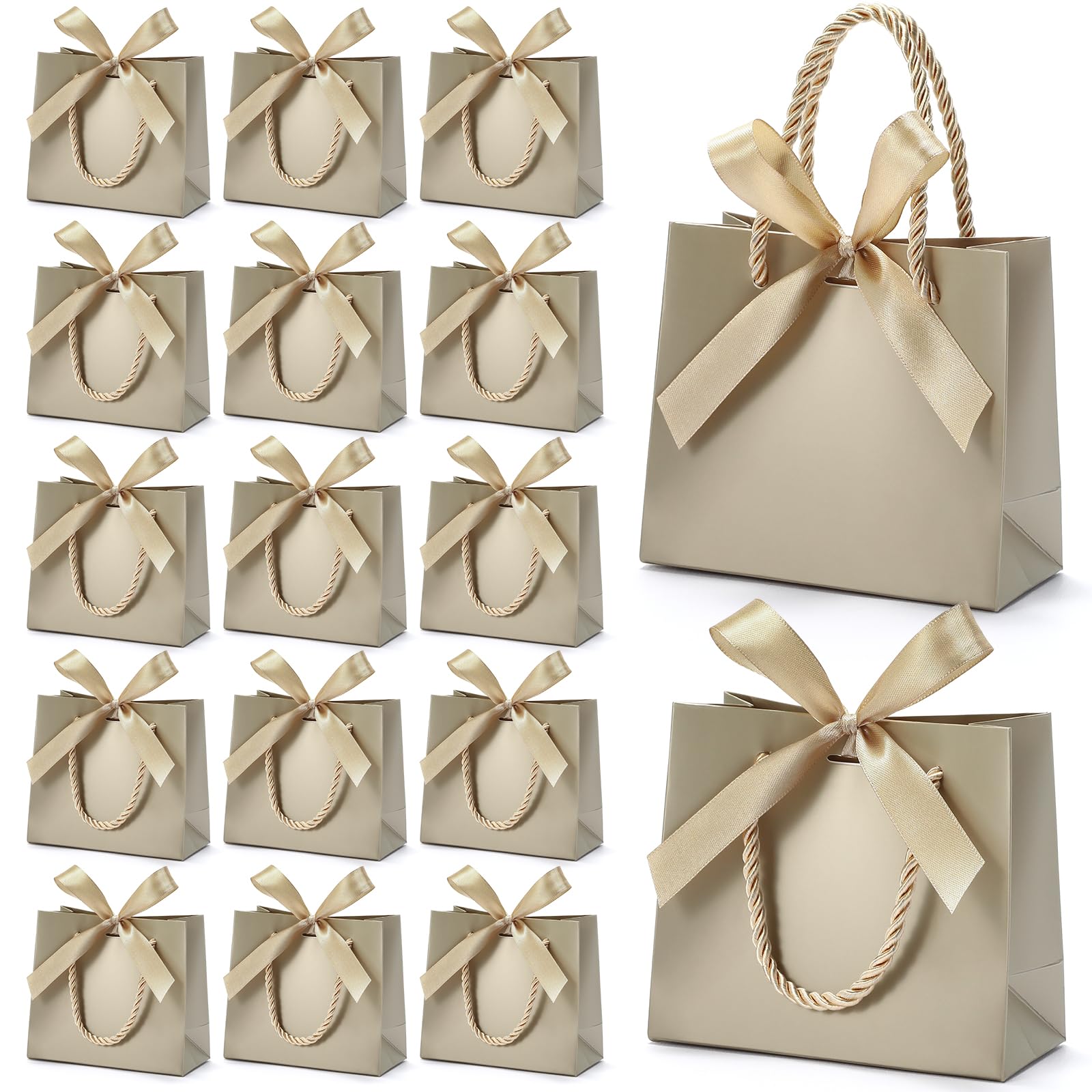 Photo 1 of EQOREIIN 50 Pack Small Gift Bags with Handles,Champagne Mini Bag,5.5x 2.5x4.7 Inches Small Thank You Gift Bags Bulk with Ribbon for Party Favors,Mother's Day, Goodie, Weddings,Baby Shower(Champagne)