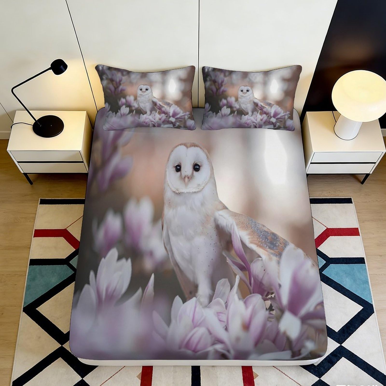 3D Printed Owl Magnolia Fitted Sheet Microfiber Soft Decorative Forest Bed Cover for Bedroom Guest Room Machine Washable 90x200x25cm