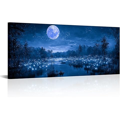 Fochorlo Large Full Moon Wall Art Fireflies Forest Picutre Magical Blue Wall Decor for Bedroom Ready To Hang 20