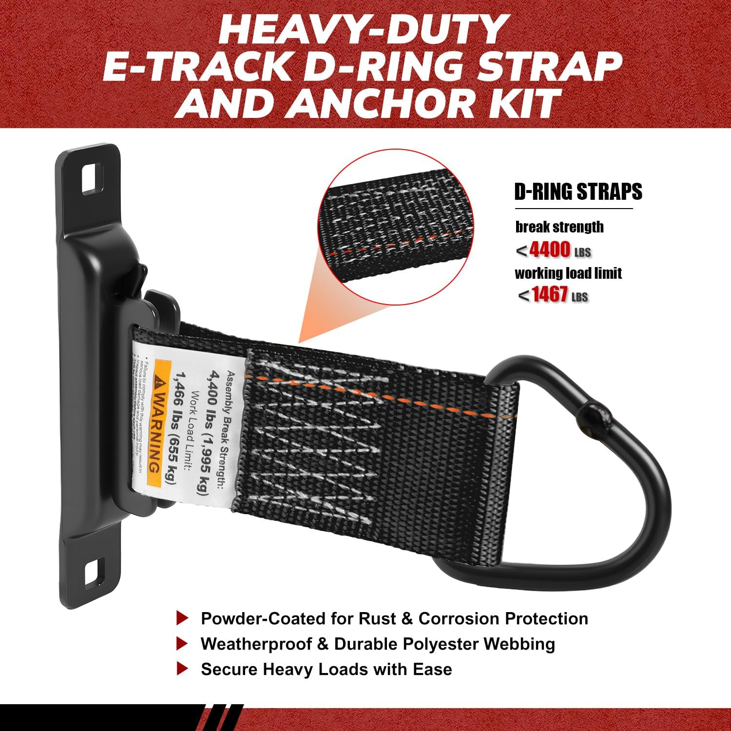 20-Pack E-Track Cargo Tie-Down Kit: 10 D-Ring Straps + 10 one-Slot Anchors with 20 Self-Drilling Screws, 4404LBS Break Strength, Powder Coated Alloy Steel,Black