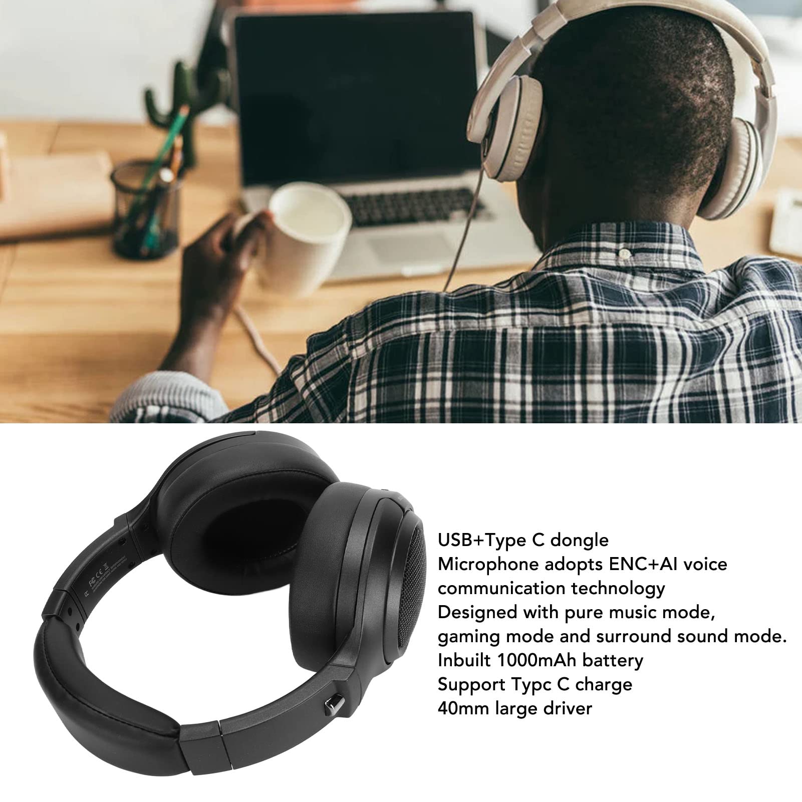 Bezprzewodowy zestaw słuchawkowy do gier 2,4 GHz, słuchawki nauszne Bluetooth do gier, klucz USB typu C, 48-godzinna żywotność baterii, dobra izolacja akustyczna(Czarny)